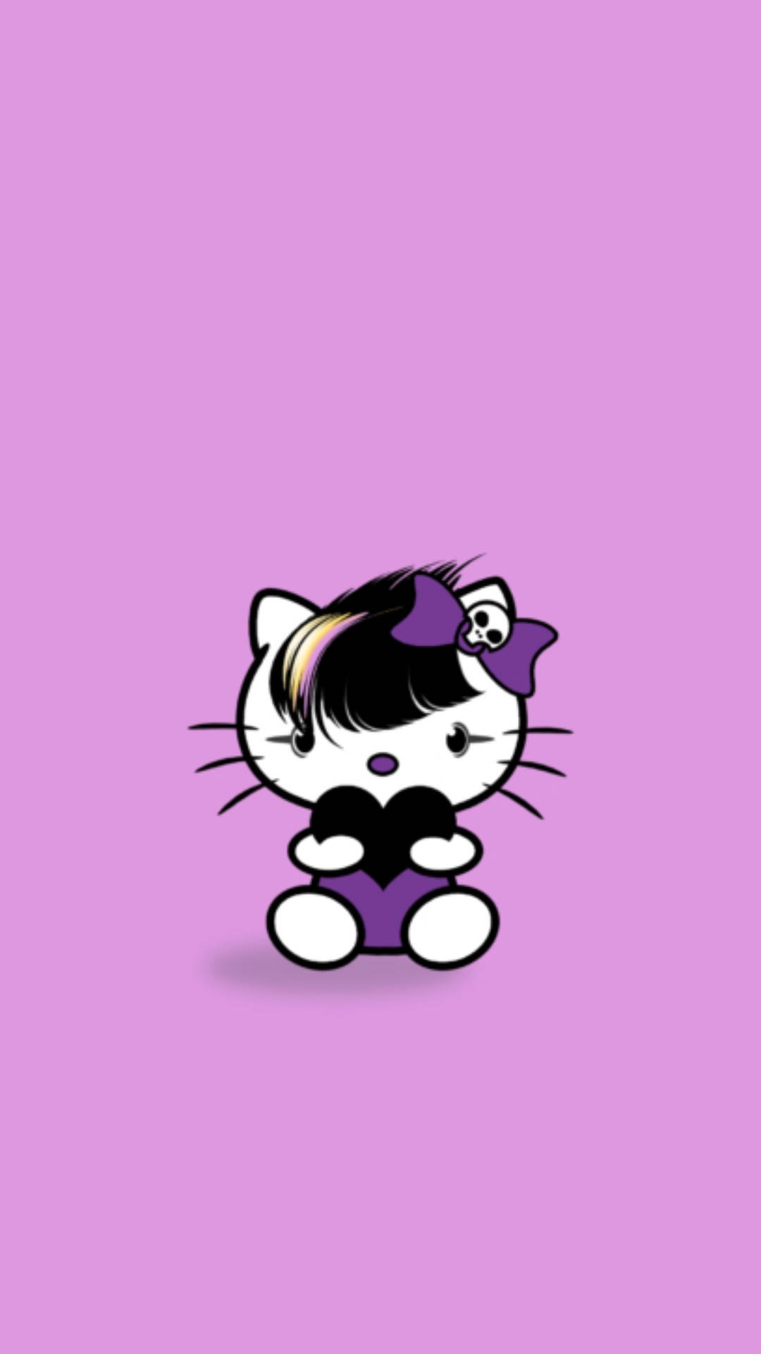Cute Sanrio 桌布 壁紙 — 一隻可愛的卡通貓咪，黑色頭髮，紫色蝴蝶結，坐在純粉紅色背景前，抱著一顆黑色的心。