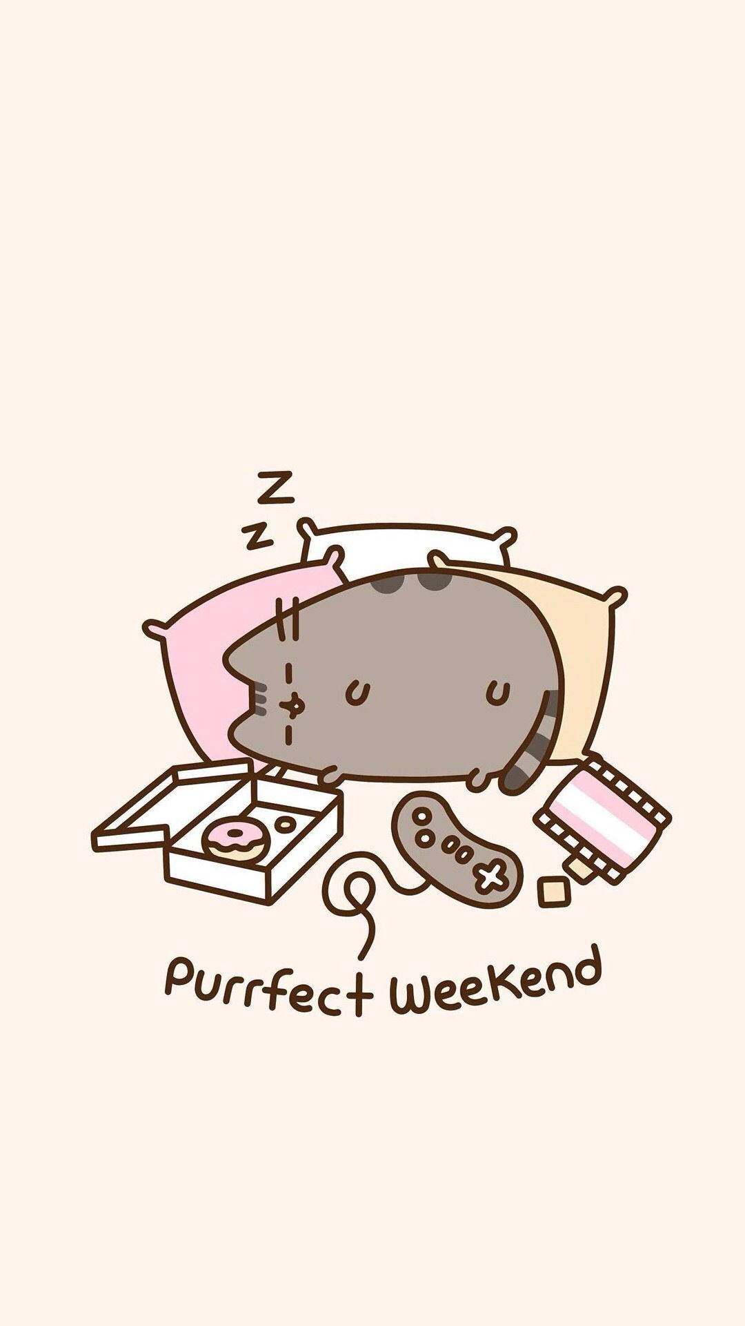 pusheen 動圖 桌布 壁紙 — 一隻可愛的卡通貓咪在枕頭上平靜地睡覺，周圍有甜甜圈盒、遊戲控制器和膠片條。