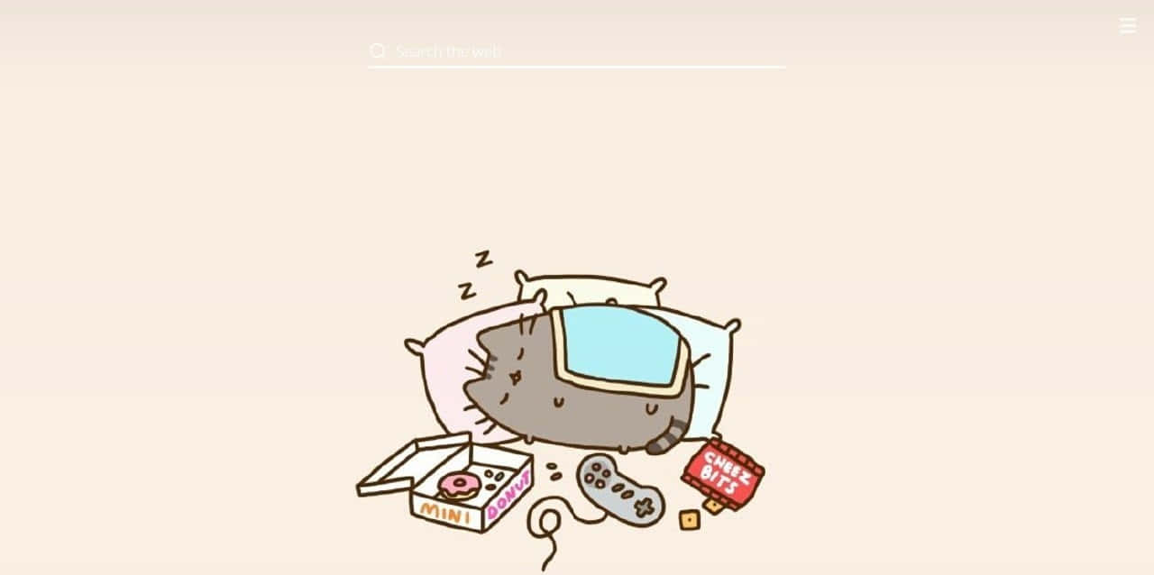 pusheen 動圖 桌布 壁紙 — 一隻可愛的卡通貓咪在枕頭上平靜地睡覺，旁邊有遊戲控制器和零食盒。