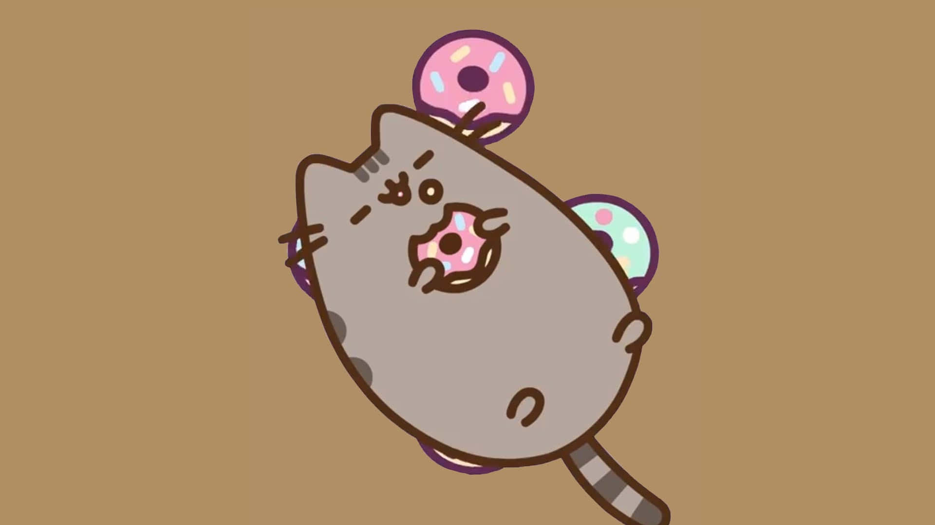 pusheen 動圖 桌布 壁紙 — 一隻可愛的卡通貓咪在純棕色背景上快樂地咀嚼著一個帶有彩色糖粒的粉紅色糖霜甜甜圈。