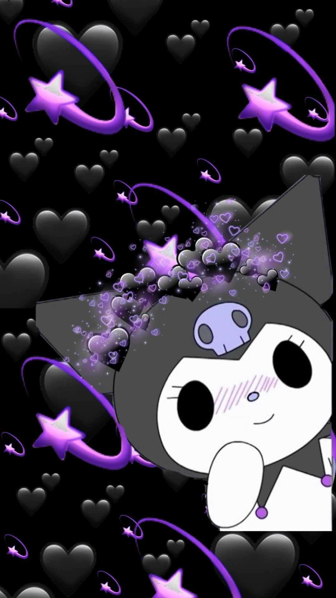 Hello Kitty And Friends 桌布 壁紙 — 一隻可愛的卡通貓咪帶有骷髏標誌，在黑色背景上閃爍的紫色星星和心形中微笑。