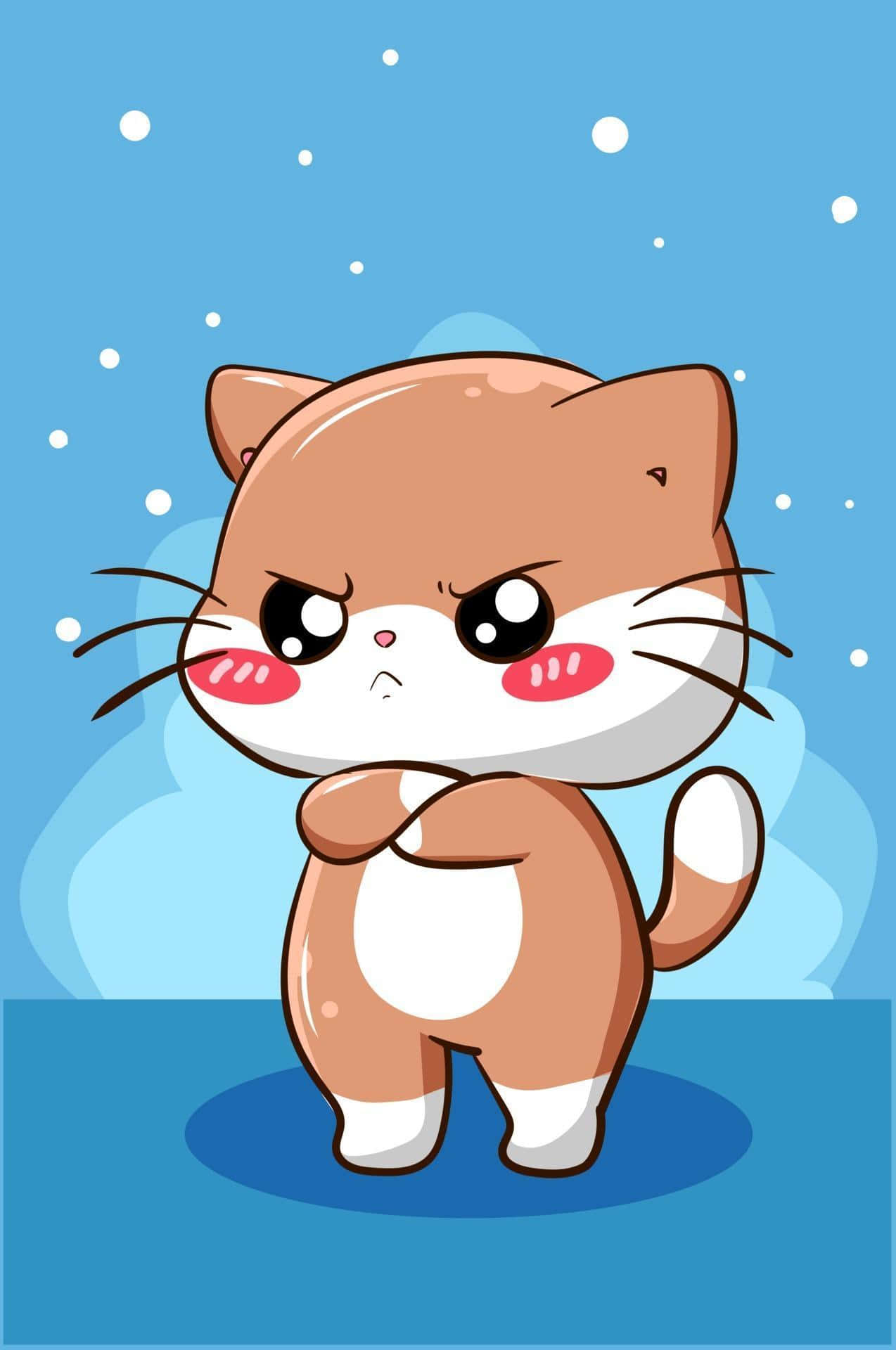 Cute Cat 桌布 壁紙 — 一隻可愛的卡通貓咪帶著不高興的表情，站在藍色背景前，白色雪花飄落。