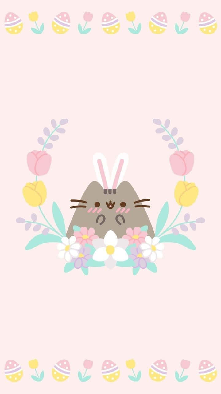 Kawaii Pusheen 桌布 壁紙 — 一隻可愛的卡通貓咪戴著兔耳朵，坐在由鬱金香和雛菊組成的花環中，背景是柔和的粉紅色。