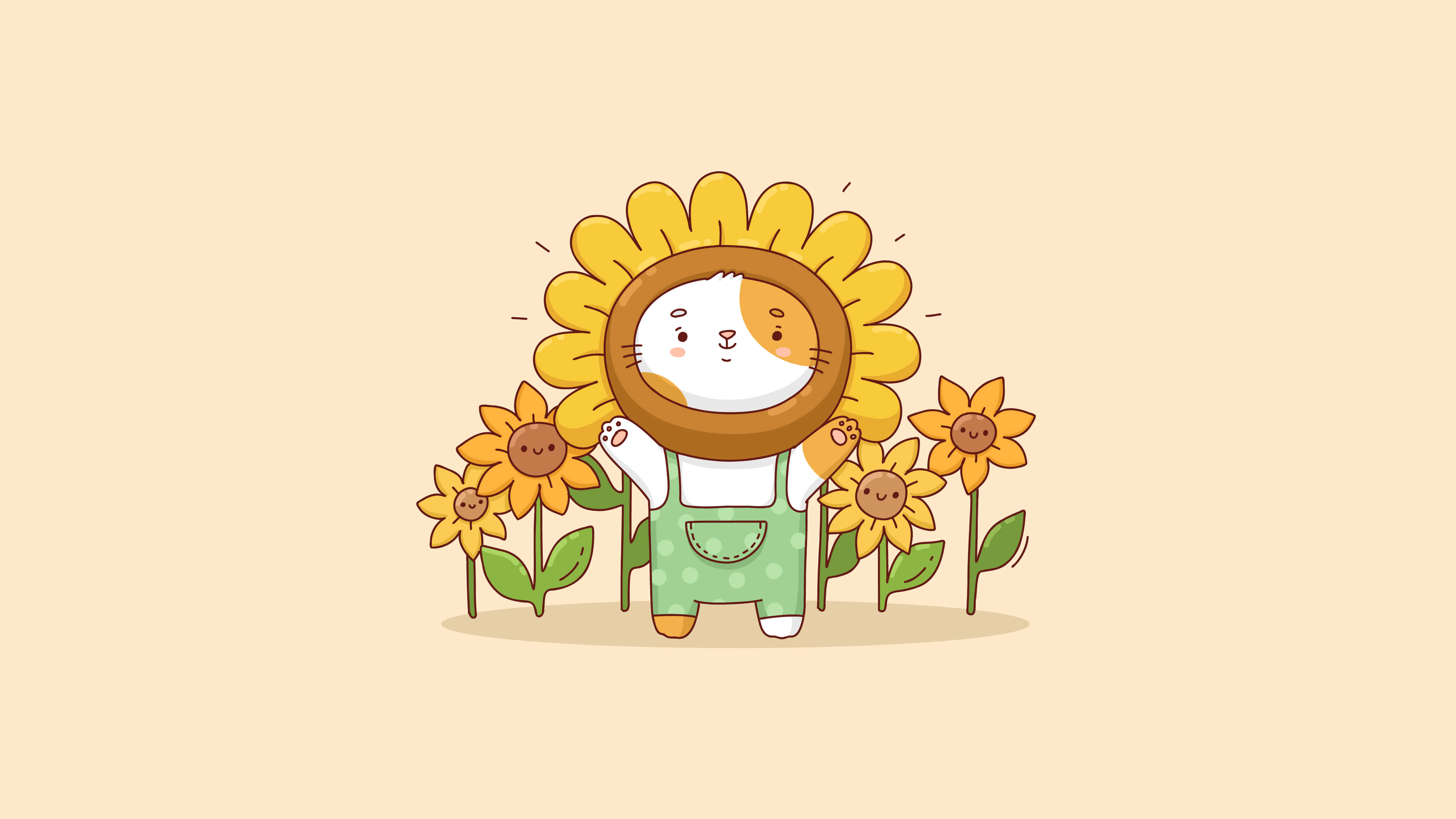 Sunflowers 桌布 壁紙 — 一隻可愛的卡通貓咪戴著向日葵頭飾，站在微笑的向日葵中，背景是柔和的米色。