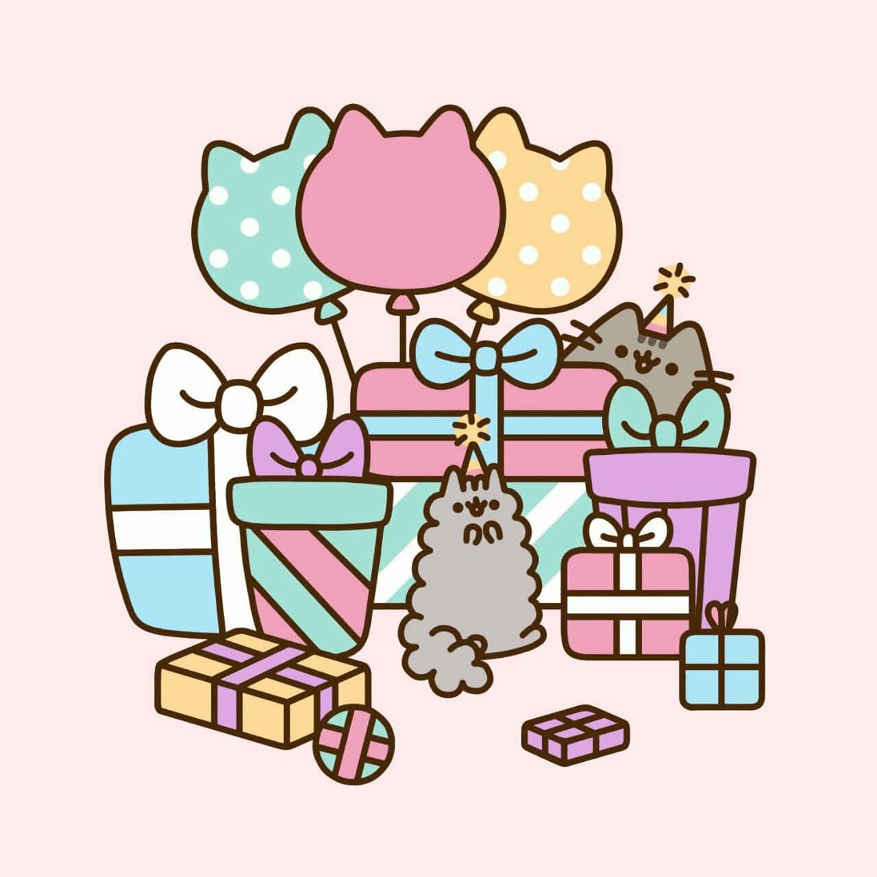 pusheen 動圖 桌布 壁紙 — 一隻可愛的卡通貓咪戴著派對帽，坐在色彩繽紛的包裝禮物和貓形氣球之間，背景是柔和的粉紅色。