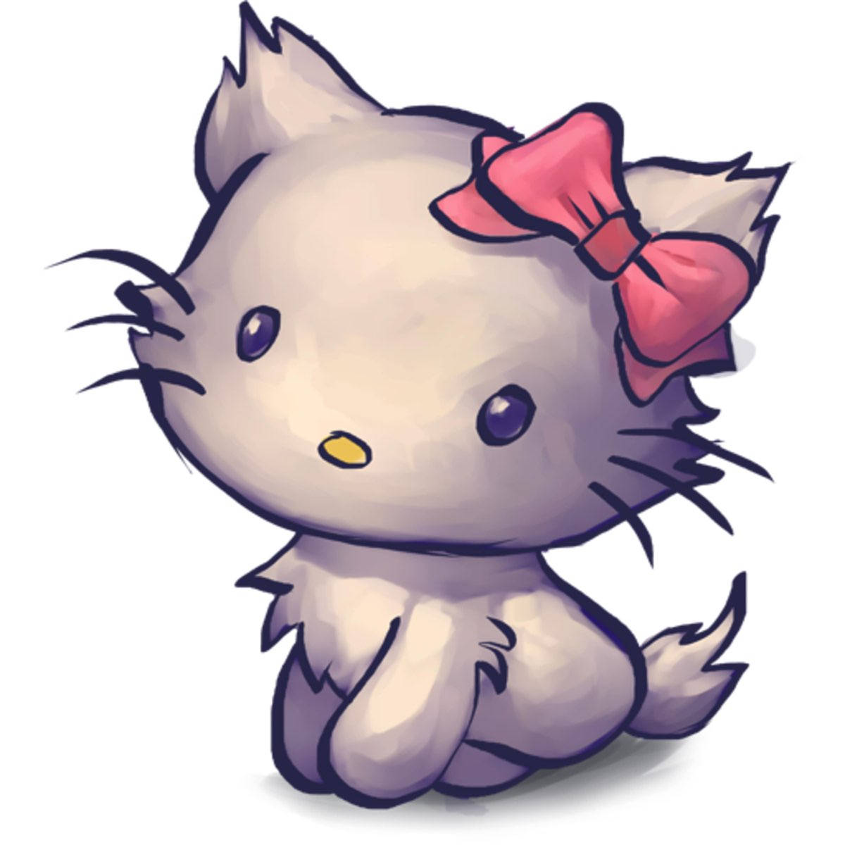 Hello Kitty Halloween 桌布 壁紙 — 一隻可愛的卡通貓咪戴著粉紅色蝴蝶結，坐在純白色背景前，帶有柔和陰影和粗線條輪廓。