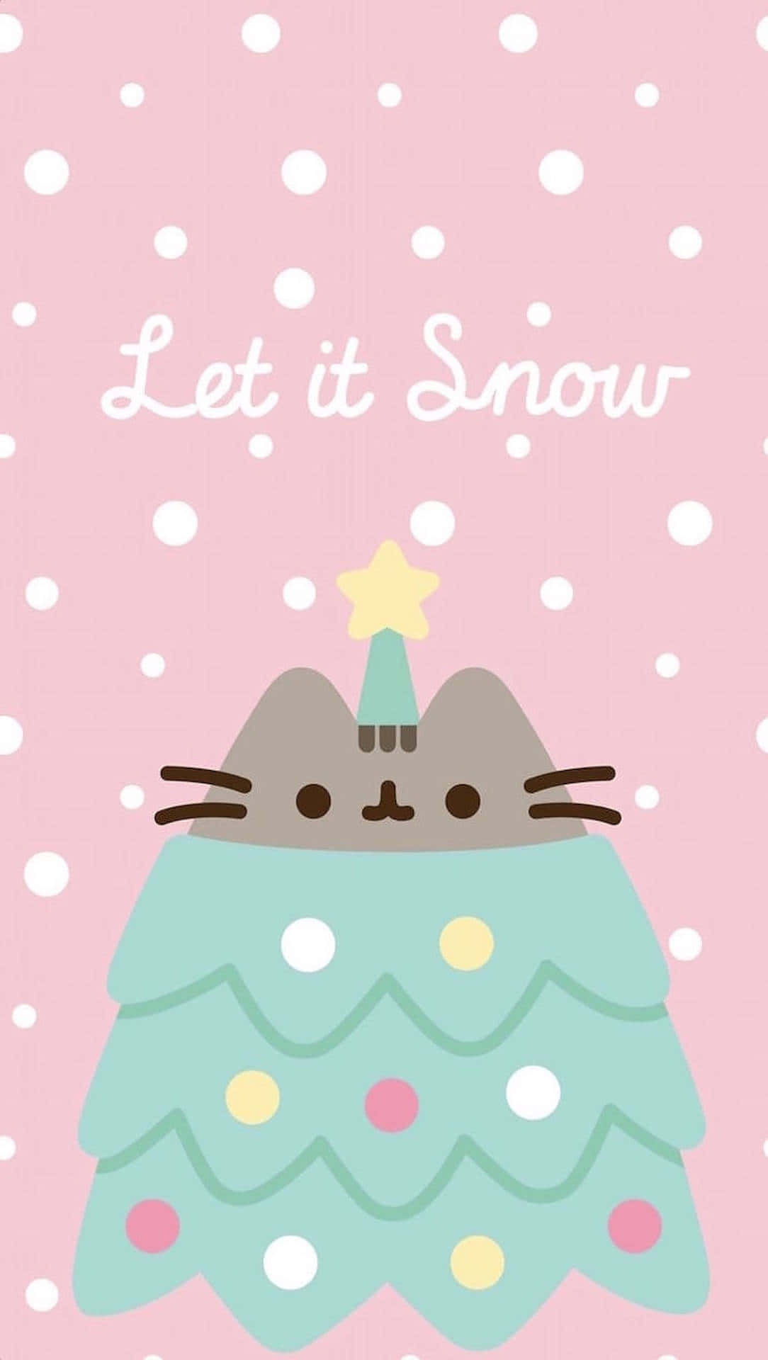 pusheen 動圖 桌布 壁紙 — 一隻可愛的卡通貓咪打扮成裝飾好的聖誕樹，戴著星星帽，背景是粉紅色的雪地。