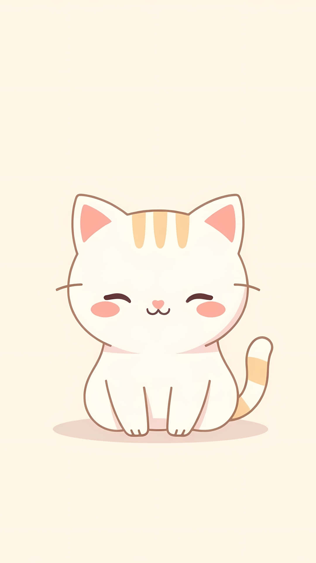 Cute Minimalist Cartoon Cat Illustration 壁紙 — 一隻可愛的卡通貓咪閉著眼睛，臉頰粉紅，開心地坐在柔軟的米色背景上。