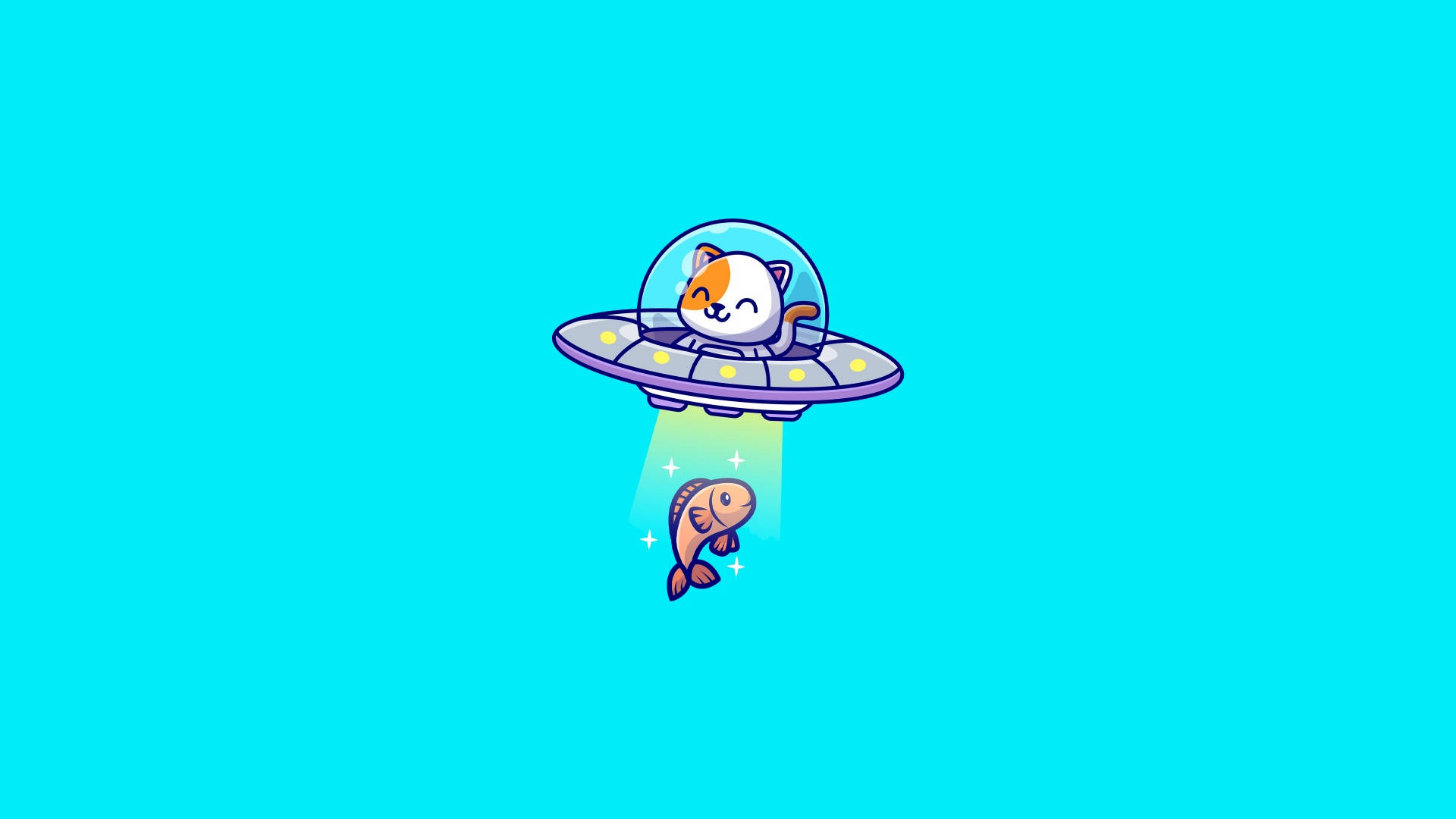cute aesthetic pc 桌布 壁紙 — 一隻可愛的卡通貓在UFO中，在明亮的青色背景上將一條魚射下來。