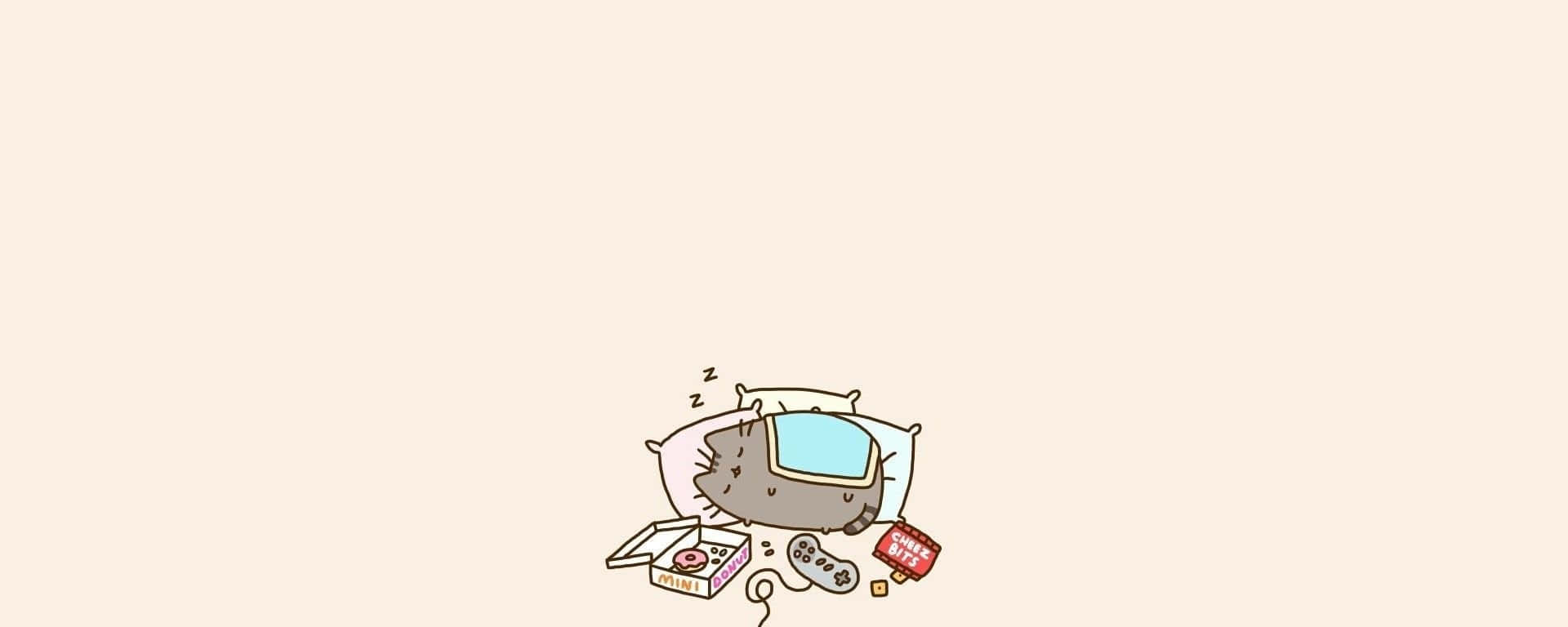 pusheen 動圖 桌布 壁紙 — 一隻可愛的卡通貓在床上安睡，周圍是遊戲控制器和披薩盒。