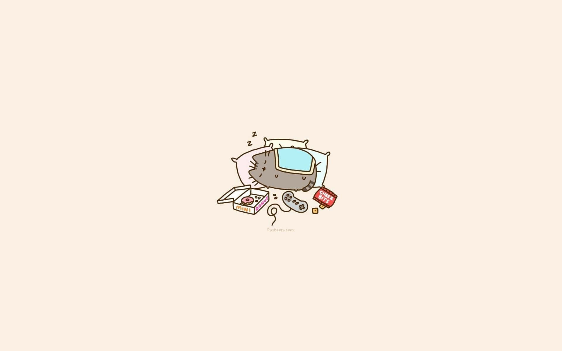 一隻卡通貓在床上睡覺，附近有遊戲控制器和零食。 — Pusheen 動圖 壁紙