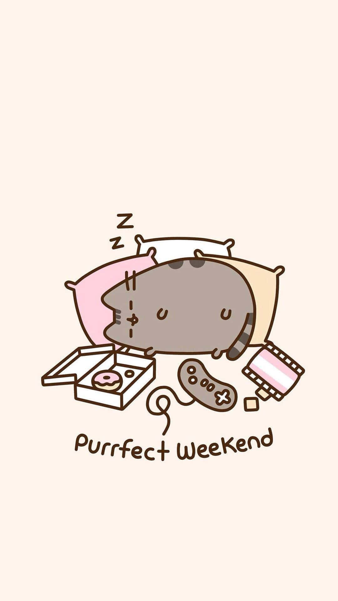 pusheen 動圖 桌布 壁紙 — 一隻可愛的卡通貓在枕頭上安睡，周圍有甜甜圈盒、遊戲控制器和膠卷條。