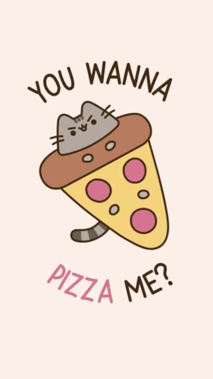 Kawaii Pusheen 桌布 壁紙 — 一隻可愛的卡通貓坐在一片有粉紅色和灰色配料的披薩上，周圍有俏皮的文字問『You wanna pizza me?』