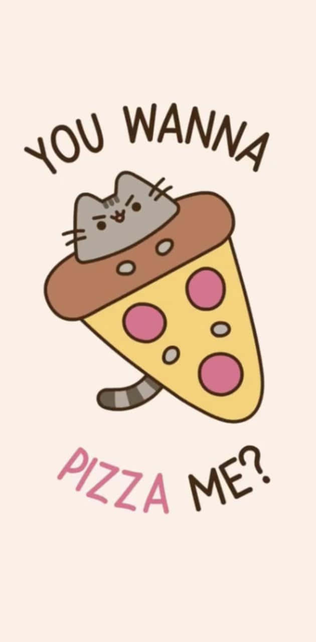 Cute Pusheen 桌布 壁紙 — 一隻可愛的卡通貓坐在一片有粉紅色義大利辣香腸的披薩上，並用俏皮的文字問『you wanna pizza me?』