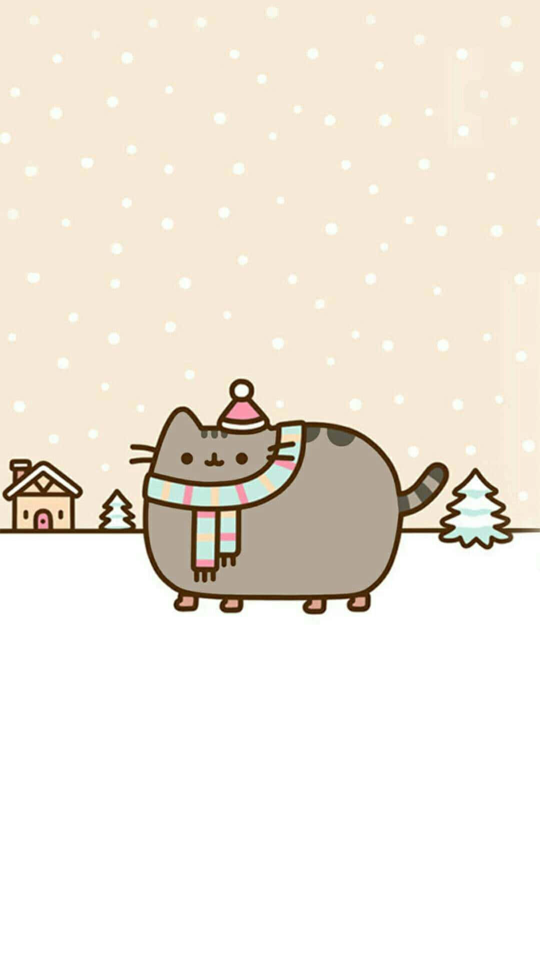pusheen 動圖 桌布 壁紙 — 一隻可愛的卡通貓戴著帽子和圍巾，站在有房屋和松樹的雪地冬季場景中。