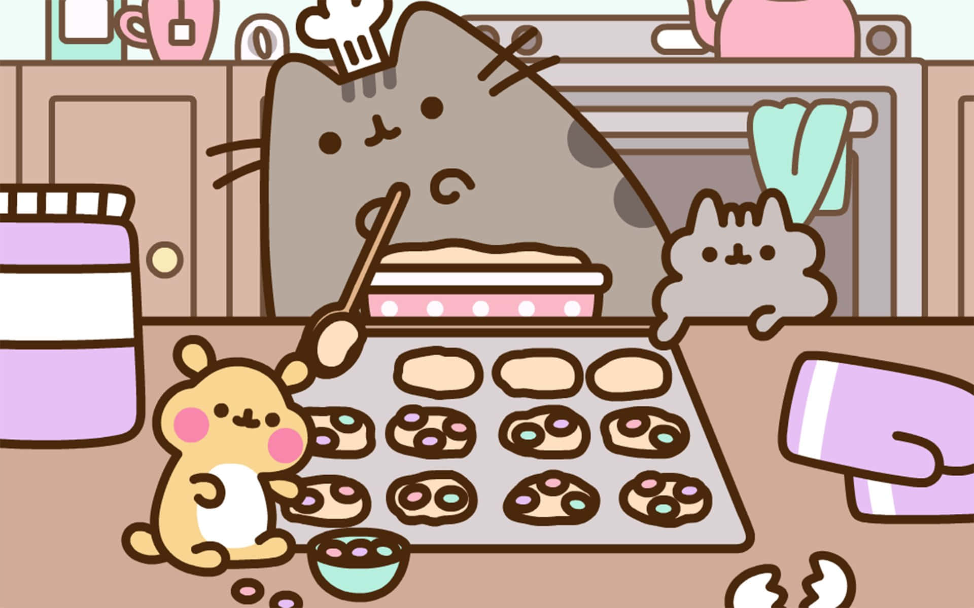 貓廚師和老鼠助手在粉彩廚房裡烤彩色餅乾。 — Pusheen 動圖 壁紙
