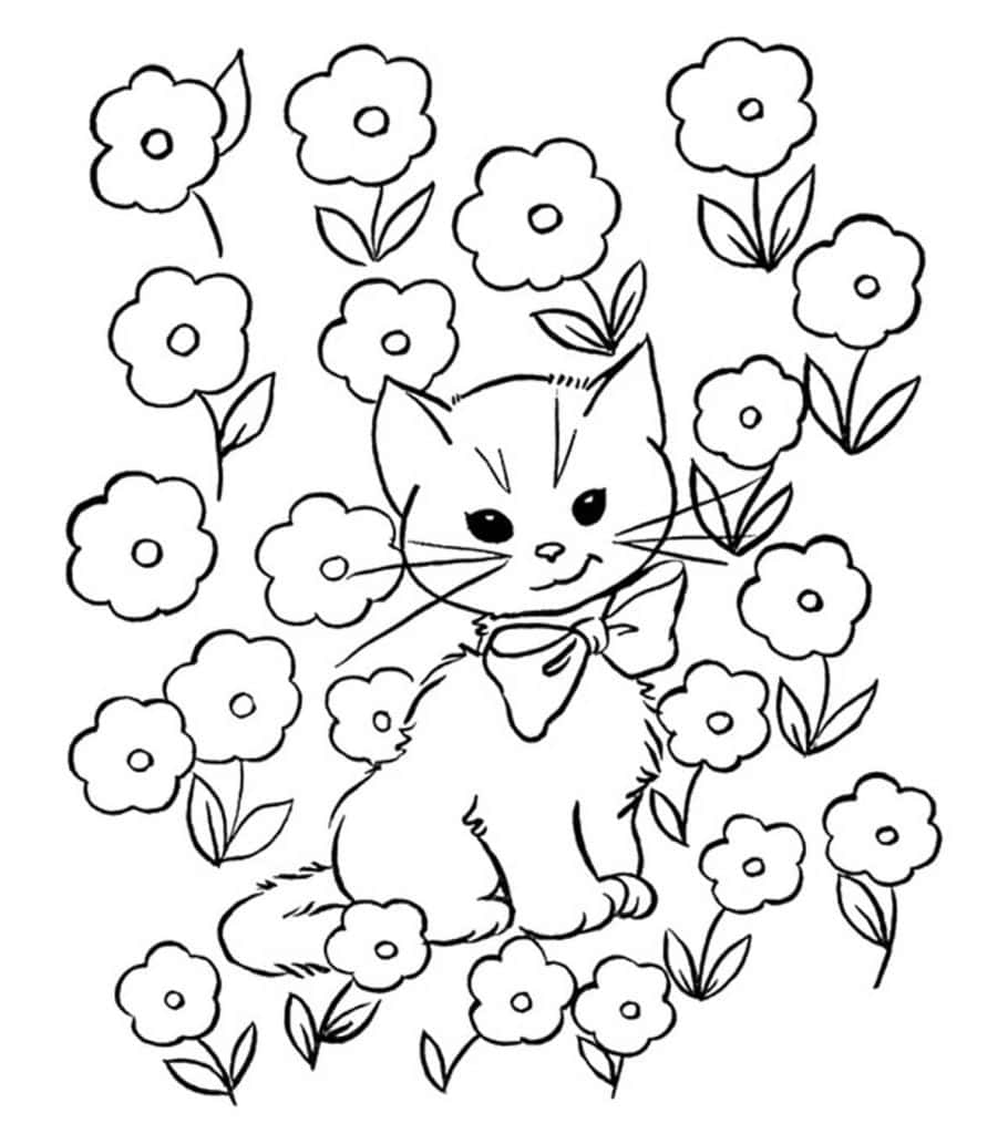 Cat Coloring 桌布 壁紙 — 一隻可愛的卡通貓戴著蝴蝶結，坐在簡單輪廓花朵環繞的黑白線條畫中。