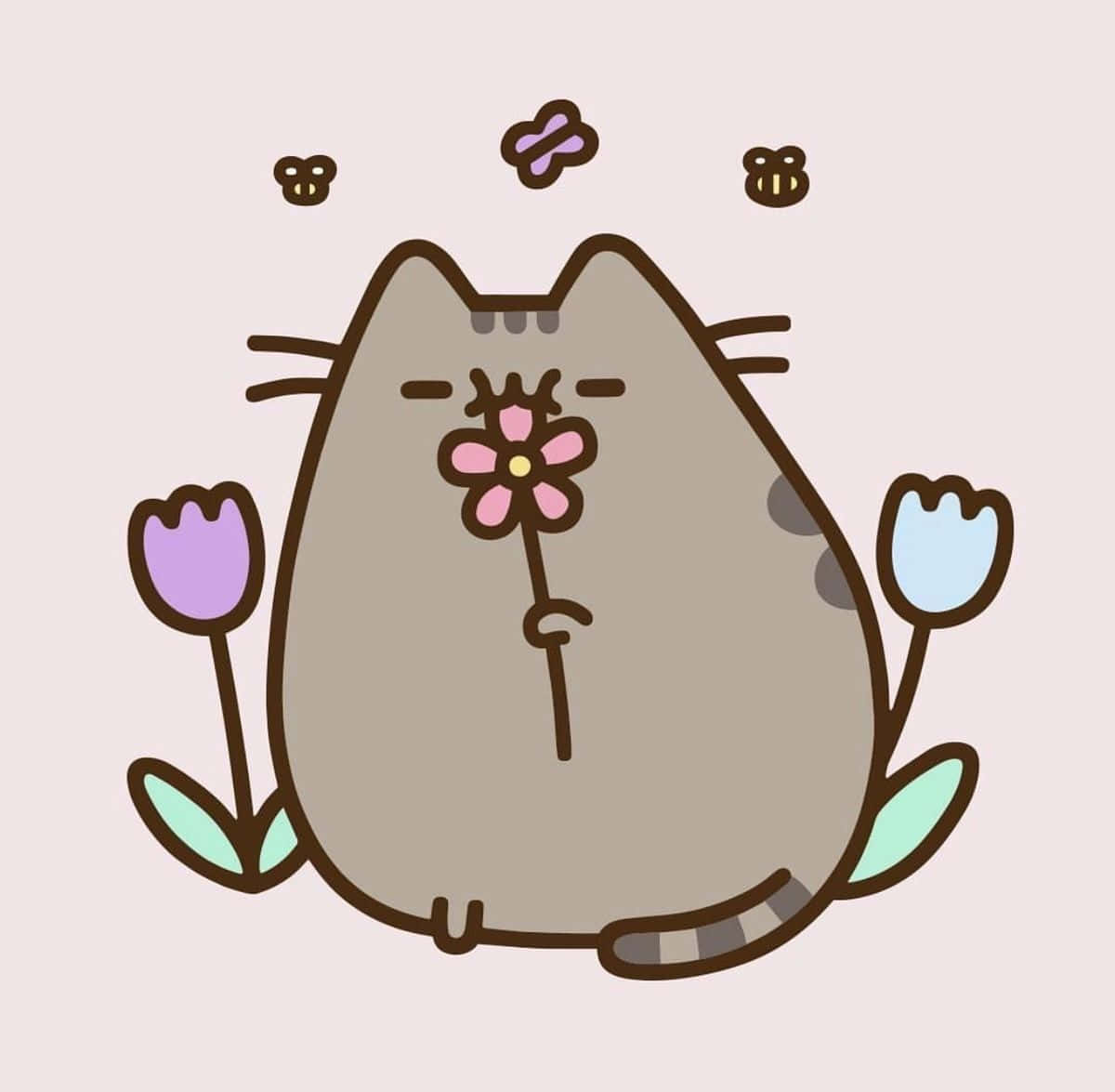 pusheen 動圖 桌布 壁紙 — 一隻可愛的卡通貓拿著一朵粉紅色的花，蜜蜂和鬱金香在它的頭周圍漂浮。