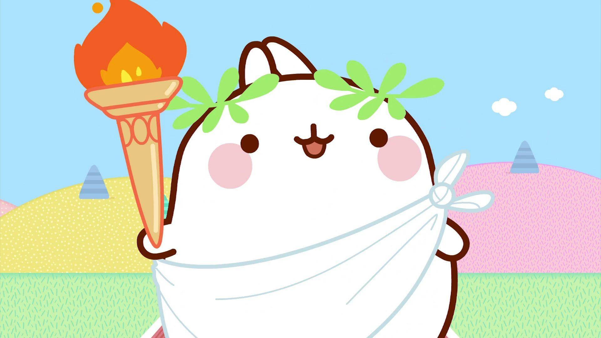 Molang 桌布 壁紙 — 一隻可愛的卡通貓穿著托加袍和桂冠，在柔和色調的風景中手持燃燒的火炬。