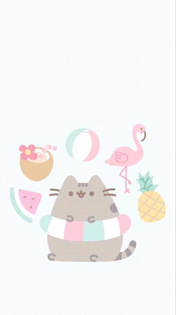 Cute Pusheen 桌布 壁紙 — 一隻可愛的卡通貓穿著條紋泳衣，周圍有沙灘物品，如火烈鳥、鳳梨和西瓜。