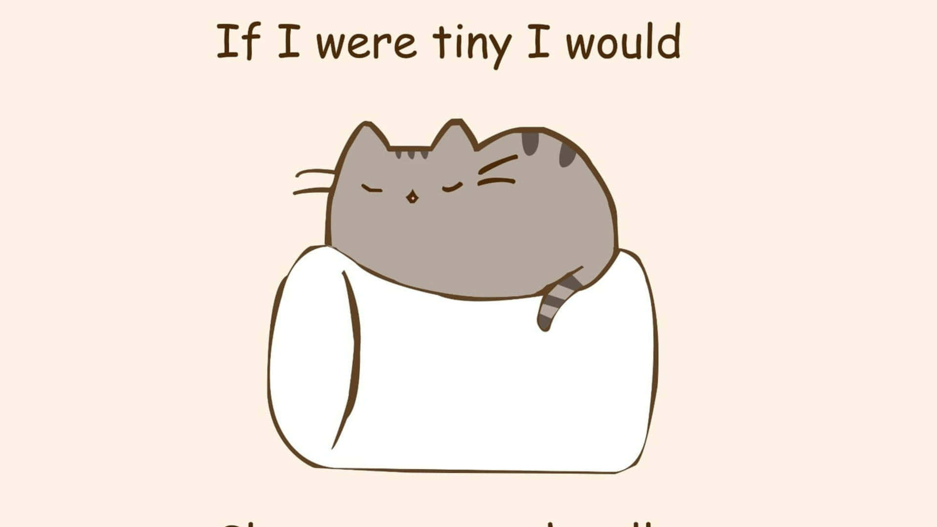 pusheen 動圖 桌布 壁紙 — 一隻可愛的卡通貓閉上眼睛，在柔軟的桃色背景上的白色枕頭上平靜地休息。
