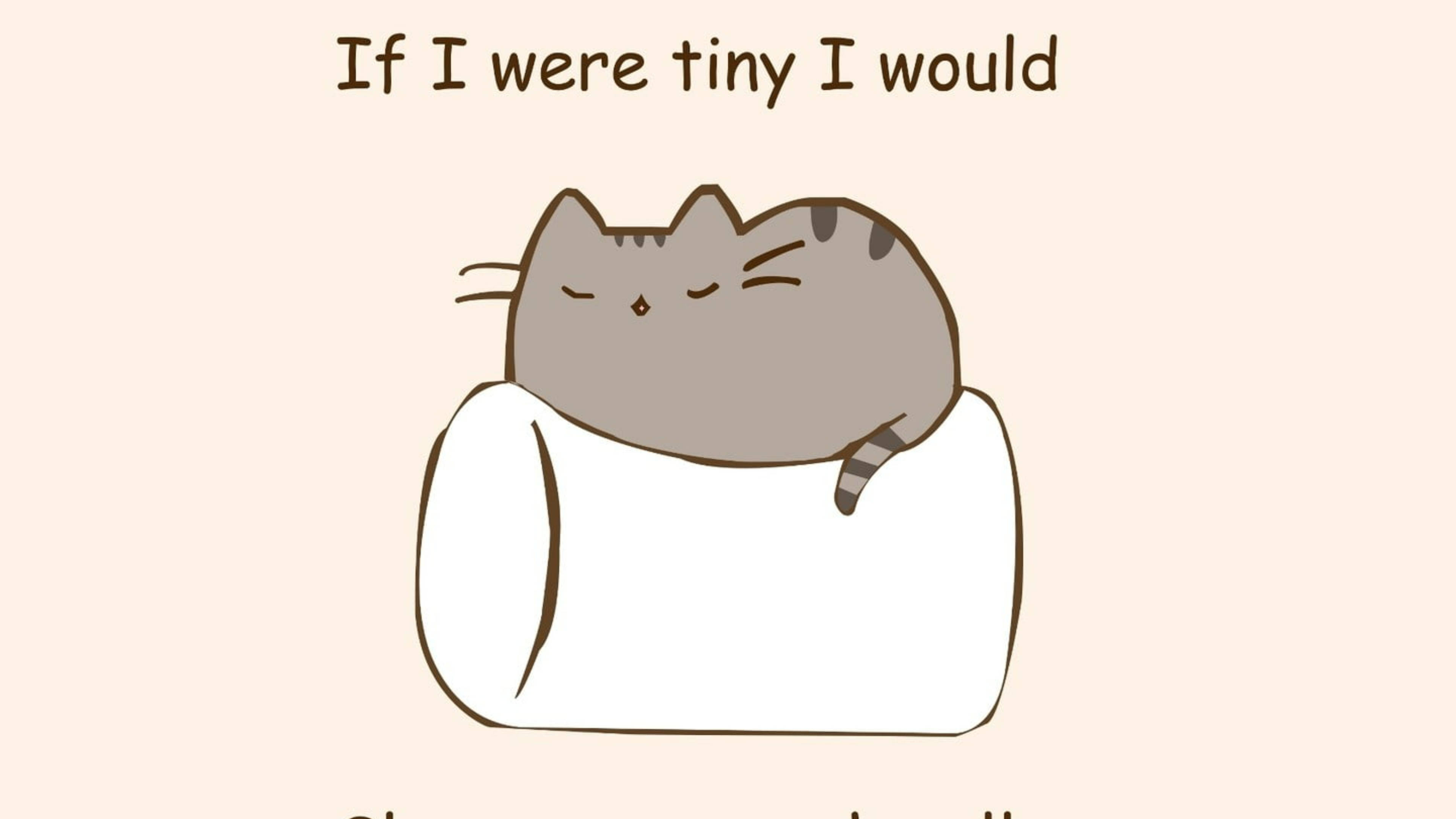 pusheen 動圖 桌布 壁紙 — 一隻可愛的卡通貓閉著眼睛，在白色枕頭上安詳地休息，背景是柔和的米色。