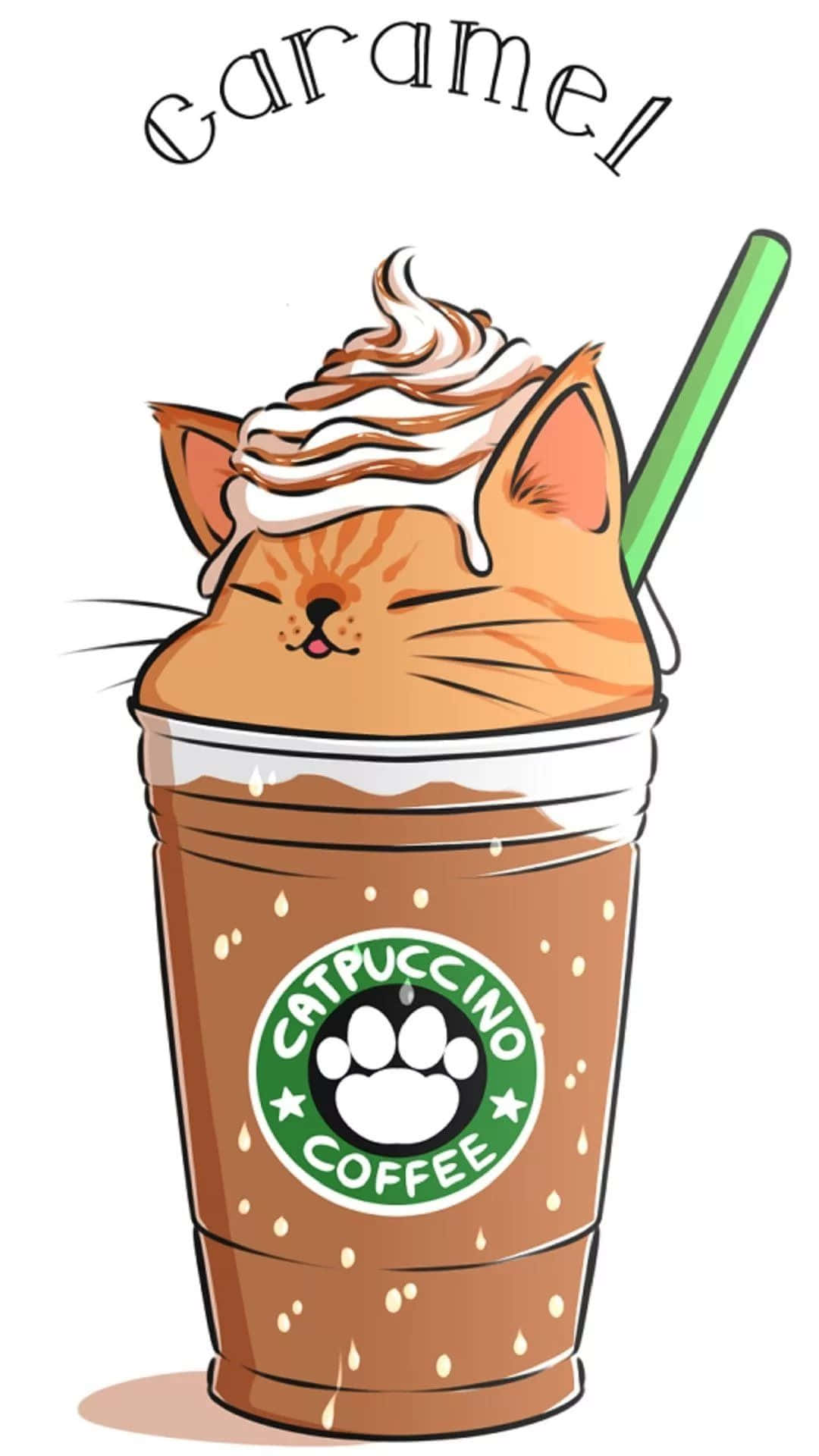 Aesthetic Starbucks 桌布 壁紙 — 一隻可愛的卡通貓閉著眼睛，從一杯加了鮮奶油和綠色吸管的焦糖星冰樂中探出頭來。