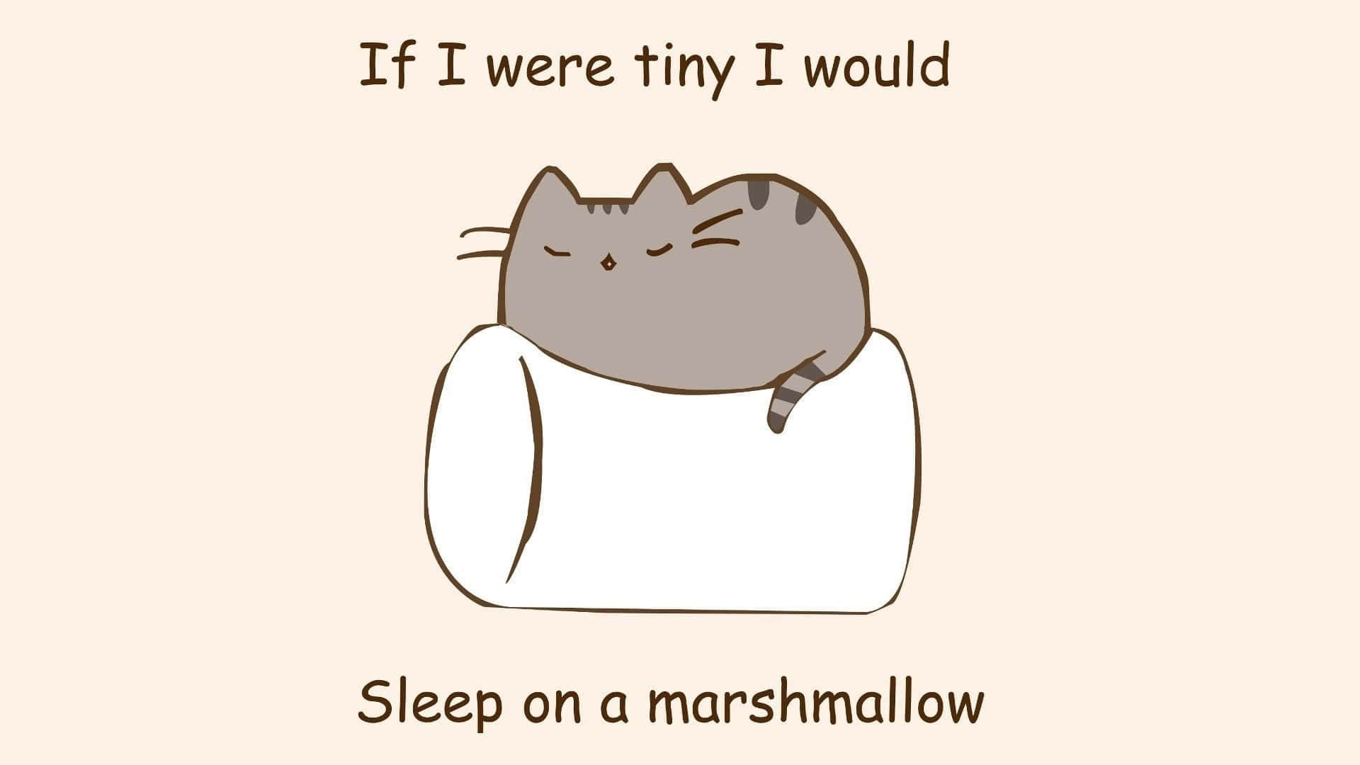 一隻卡通貓睡在棉花糖上，上下有文字。 — Pusheen 動圖 壁紙