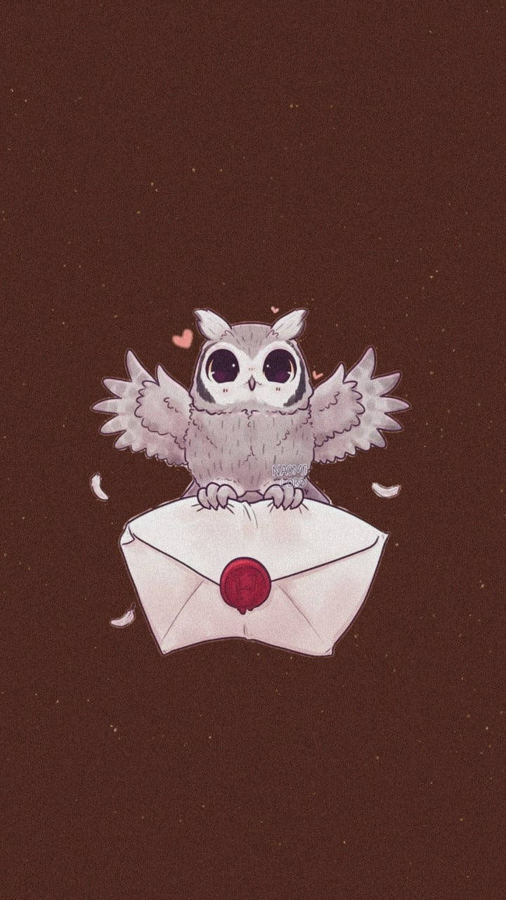 一隻卡通貓頭鷹坐在一個用紅色火漆封口的信封上。 — 貓頭鷹 GIF 壁紙