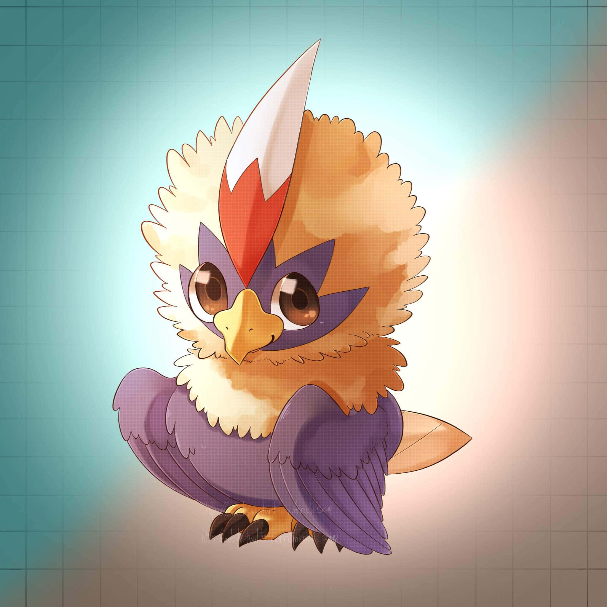 Pokémon 手機 桌布 壁紙 — 一隻可愛的卡通貓頭鷹，擁有紫色翅膀和紅白冠羽，站在柔和的漸變背景前。