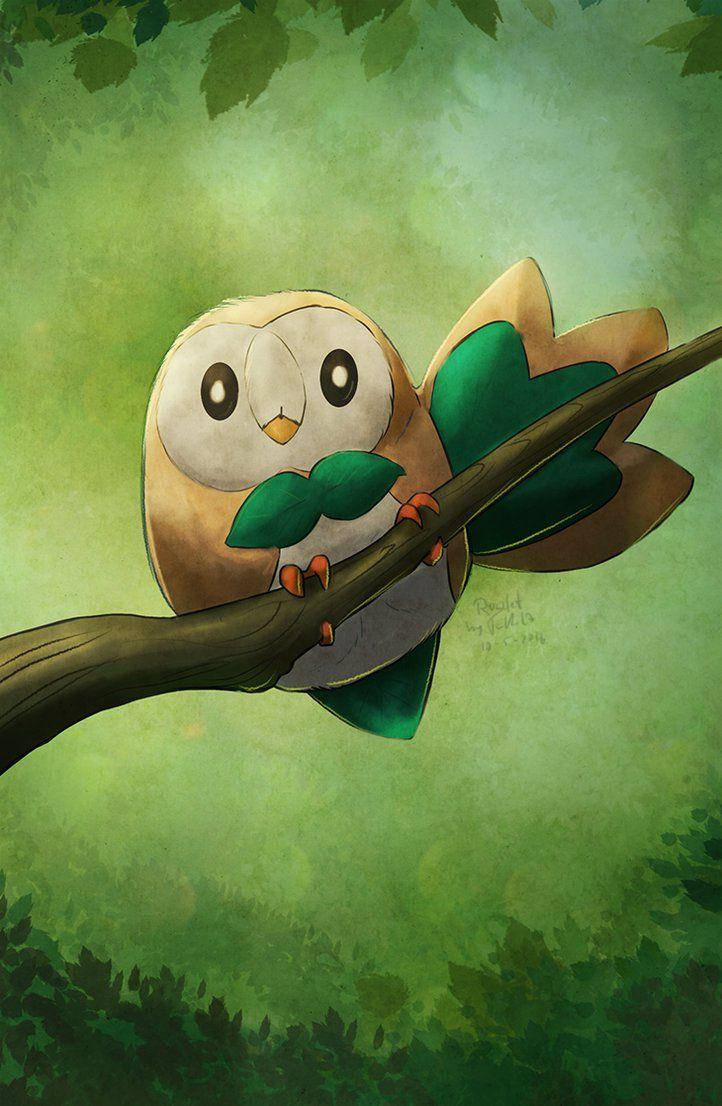 Rowlet 桌布 壁紙 — 一隻可愛的卡通貓頭鷹，有葉子形狀的翅膀，棲息在樹枝上，背景是柔和的綠色森林。