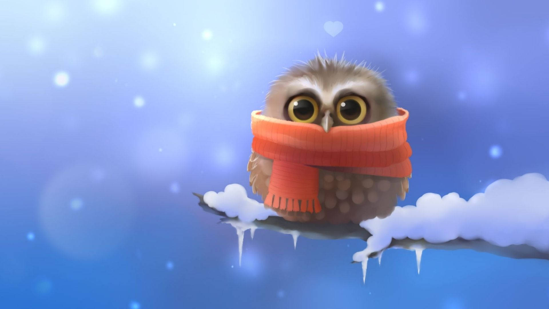 Baby Owl 桌布 壁紙 — 一隻可愛的卡通貓頭鷹戴著鮮橙色圍巾，棲息在積雪的樹枝上，背景是柔和的藍色冬日天空，雪花飄落。