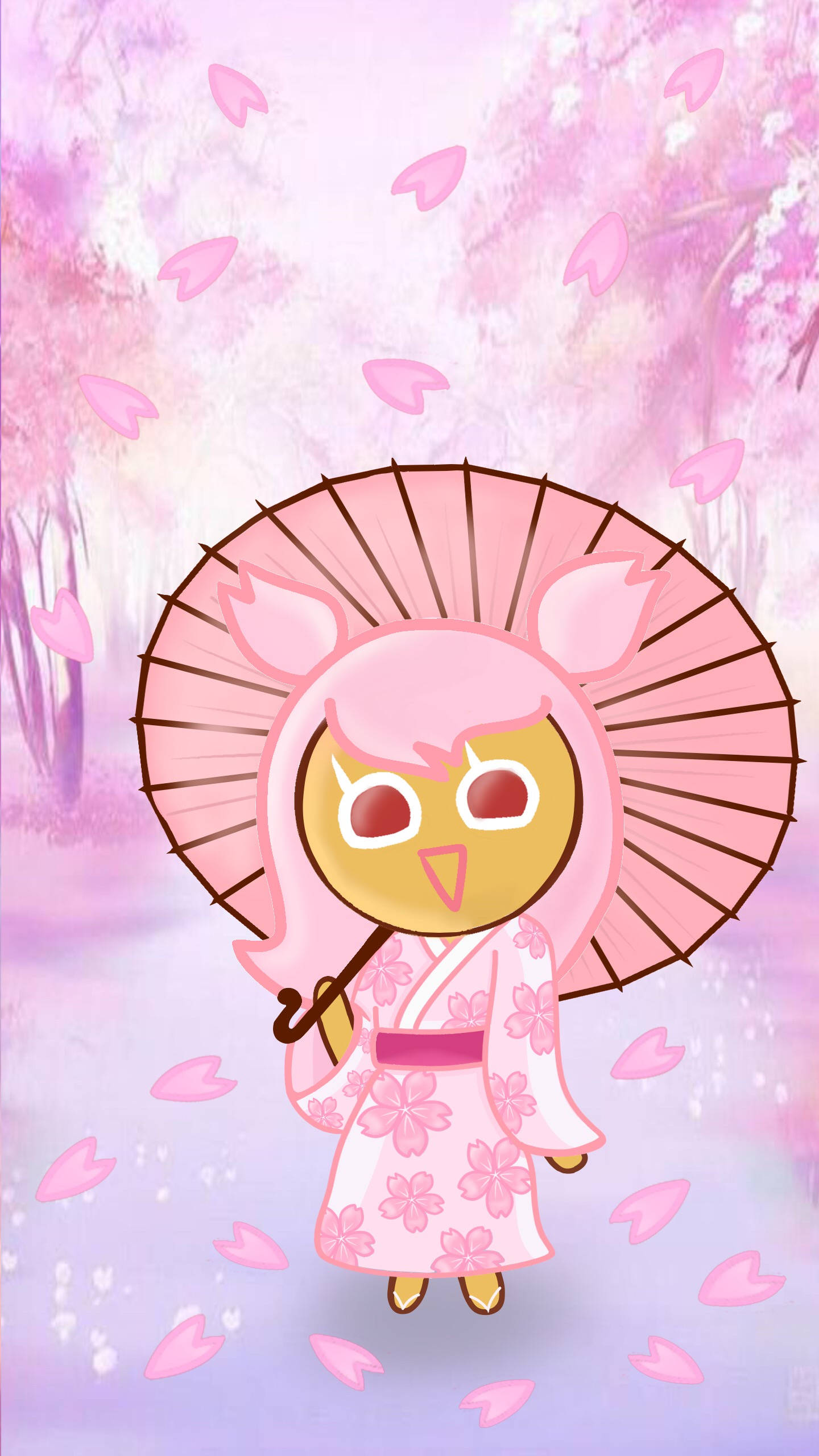 Cookie Run 桌布 壁紙 — 一隻可愛的卡通貓頭鷹穿著粉紅色和服，在柔和的紫色天空下，在飄落的櫻花中拿著相配的雨傘。