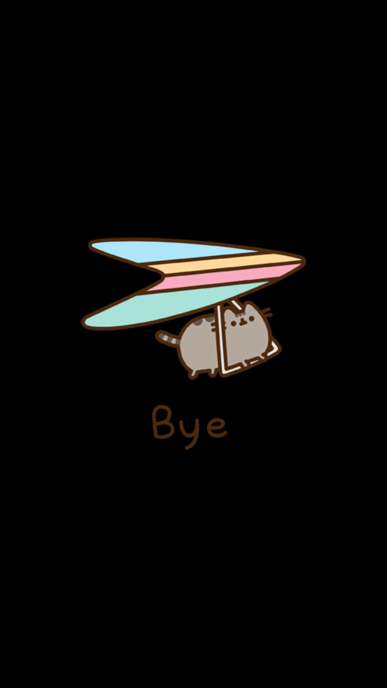 Pusheen Kawaii 桌布 壁紙 — 一隻可愛的卡通貓騎著彩色紙飛機，背景為黑色，下方有「Bye」字樣。