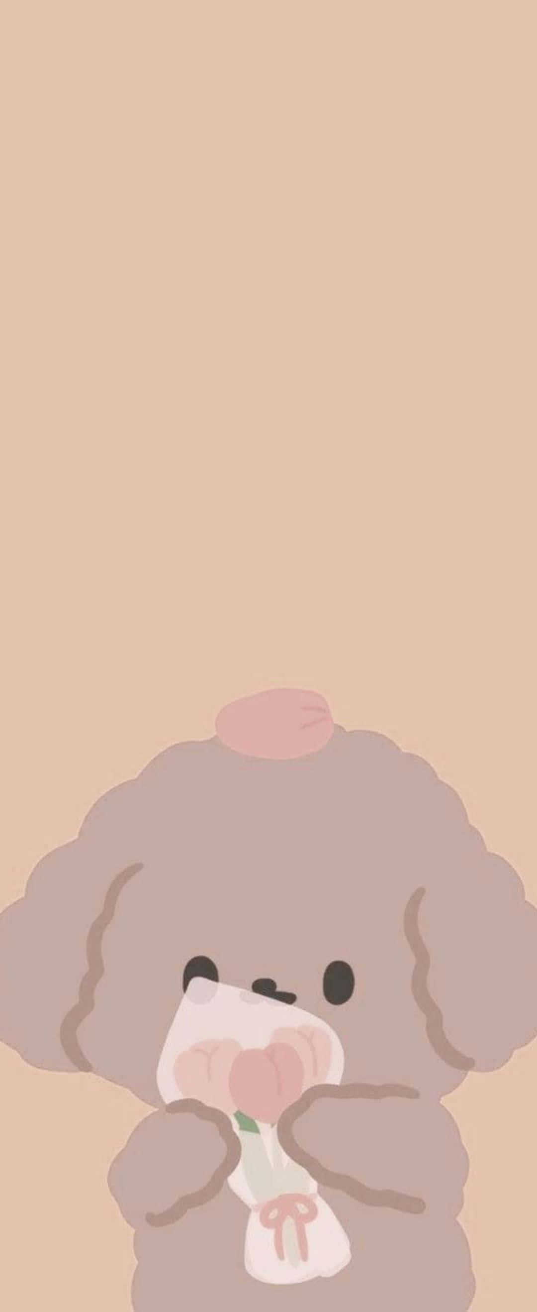 1080x2636 桌布 壁紙 — 一隻可愛的卡通貴賓犬，有著捲曲的灰色毛髮，在純米色背景上拿著一朵粉紅色的鬱金香。