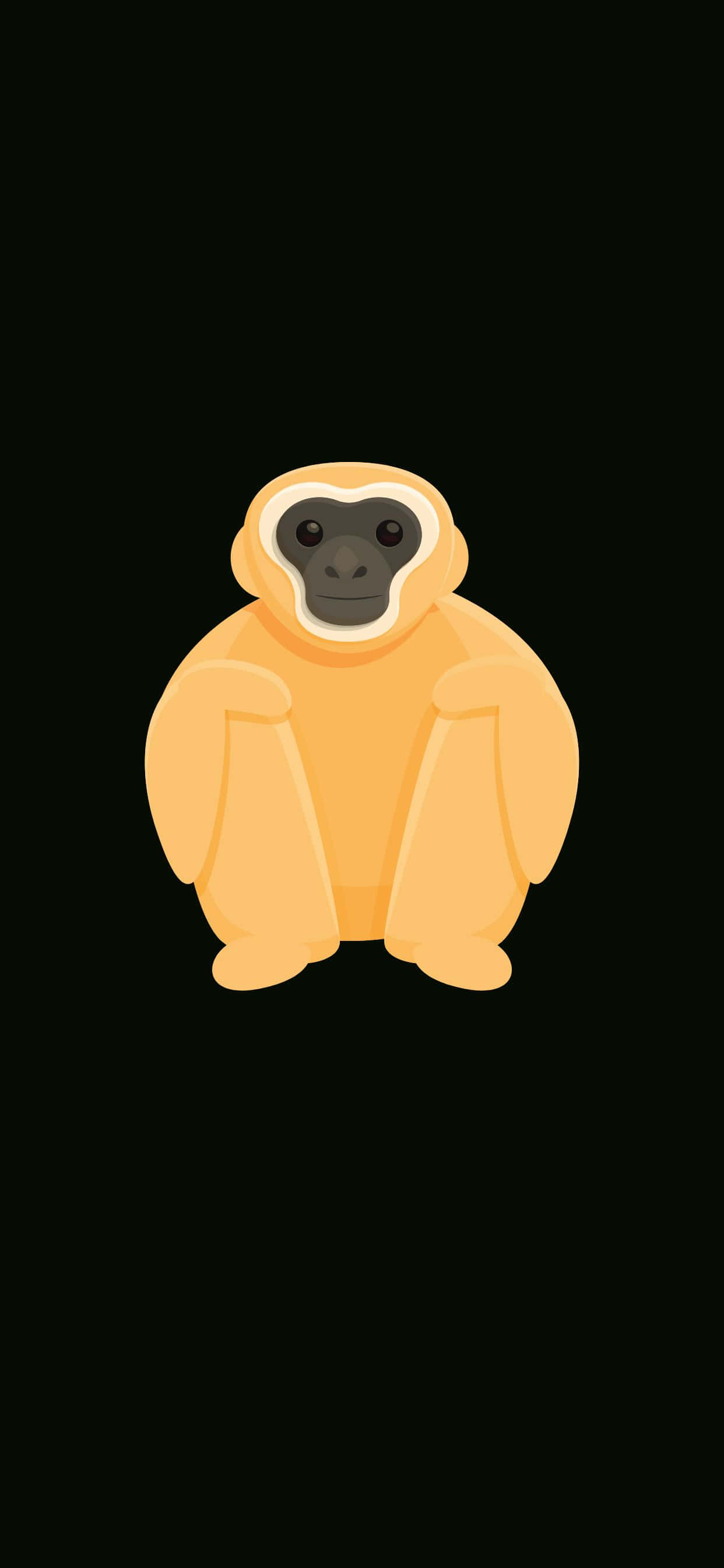 iPhone Xs Max Gibbon 桌布 壁紙 — 一隻可愛的卡通長臂猿，有橙色毛和深色臉，坐在純黑色背景的中央。