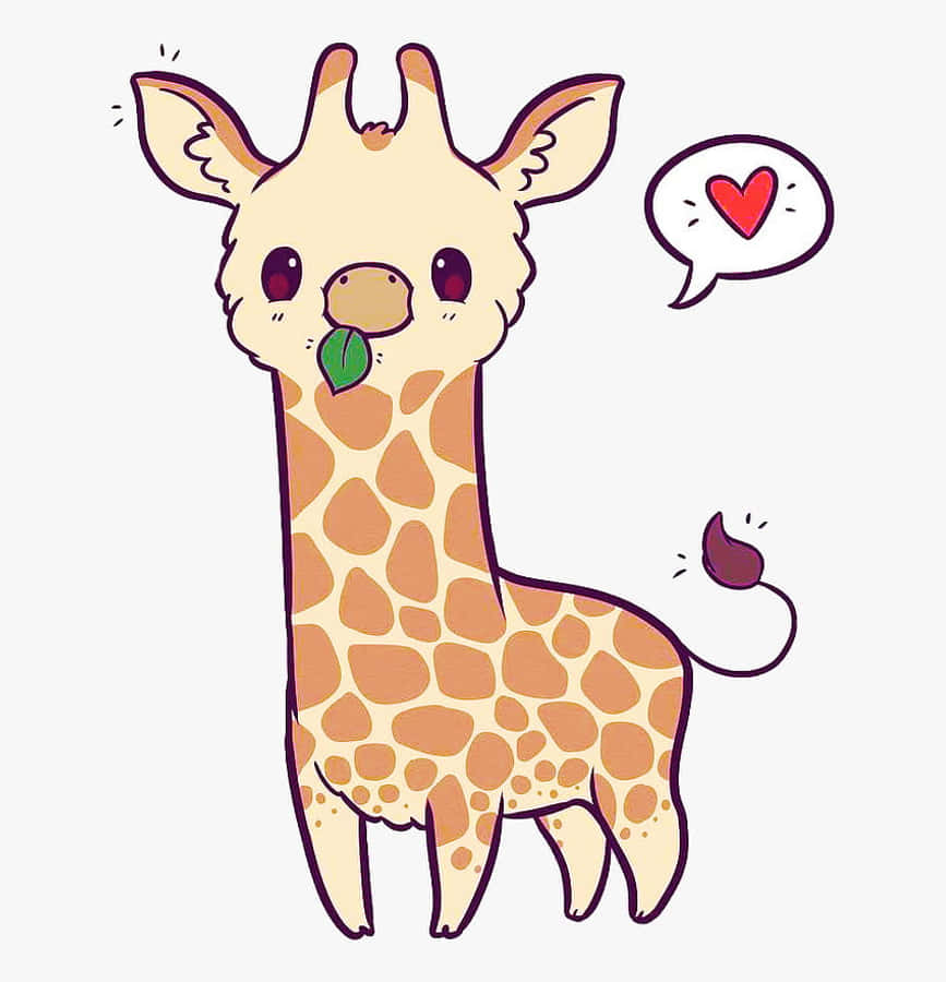 baby animal 桌布 壁紙 — 一隻可愛的卡通長頸鹿，嘴裡有片樹葉，旁邊有個對話氣泡裡有顆心。