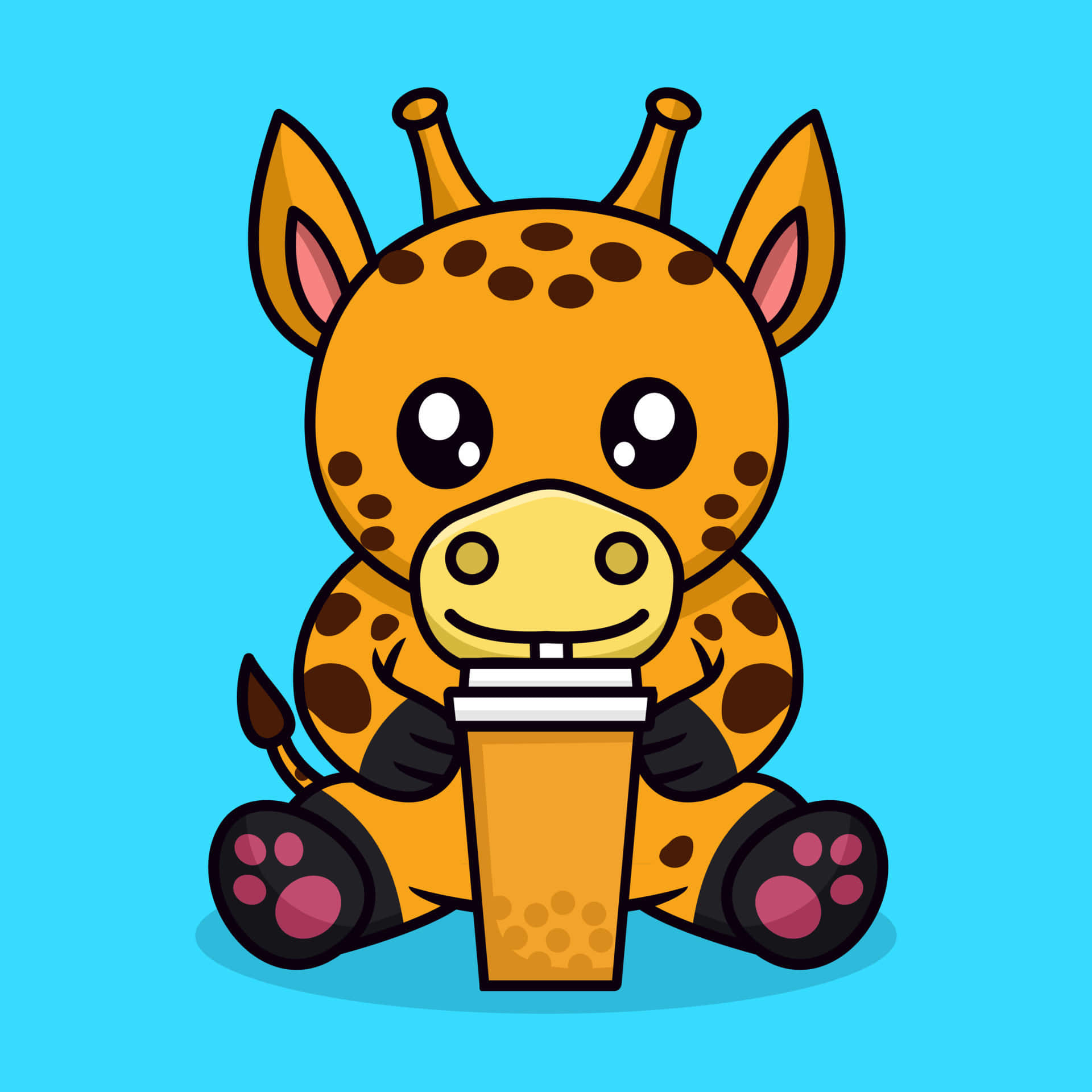 Kawaii Giraffe 桌布 壁紙 — 一隻可愛的卡通長頸鹿，大眼睛，開心地坐著，手裡拿著一杯珍珠奶茶，背景是純藍色。