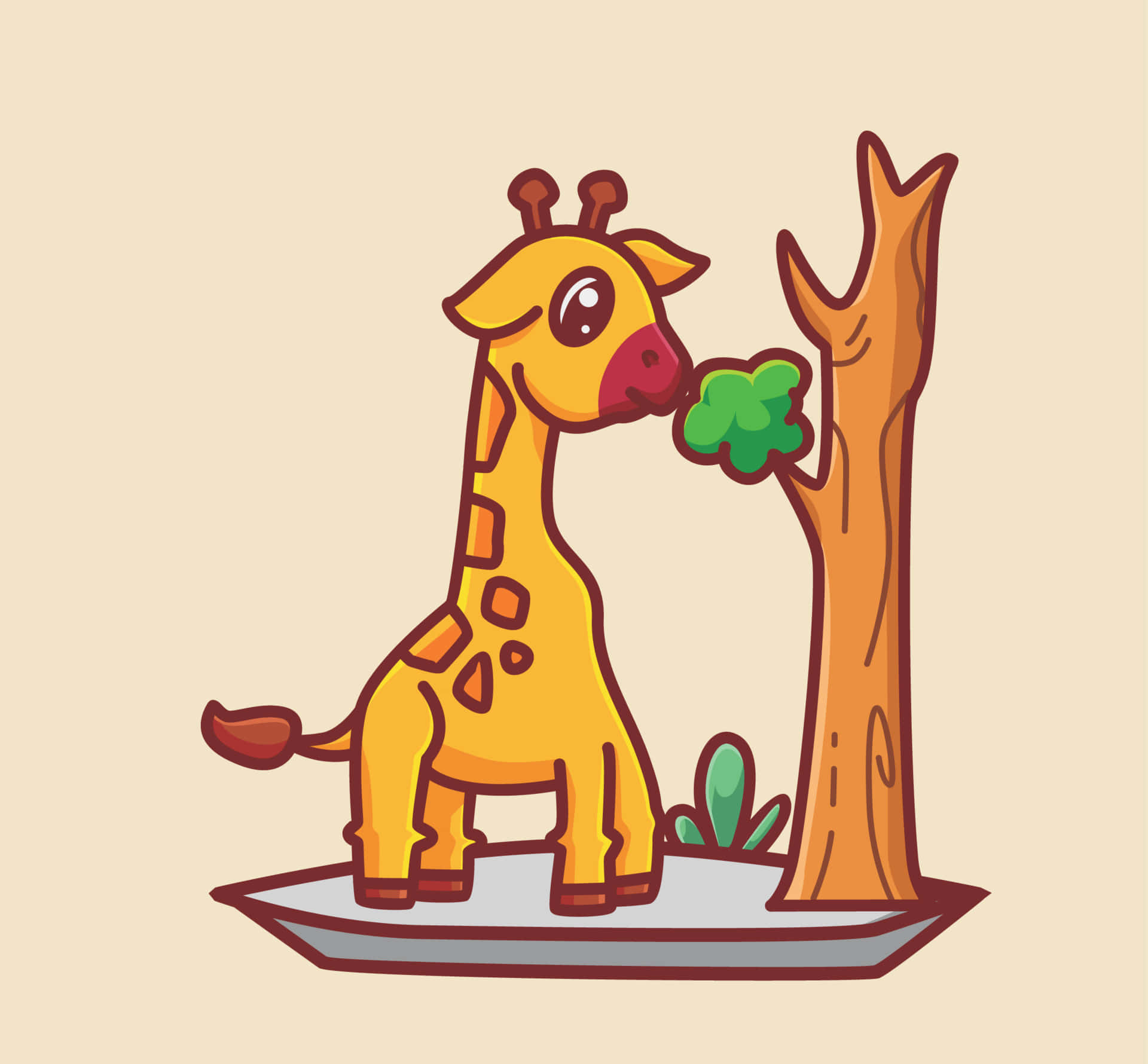 Kawaii Giraffe 桌布 壁紙 — 一隻可愛的卡通長頸鹿，帶有橙色斑點，在米色背景上從棕色樹上吃綠葉。