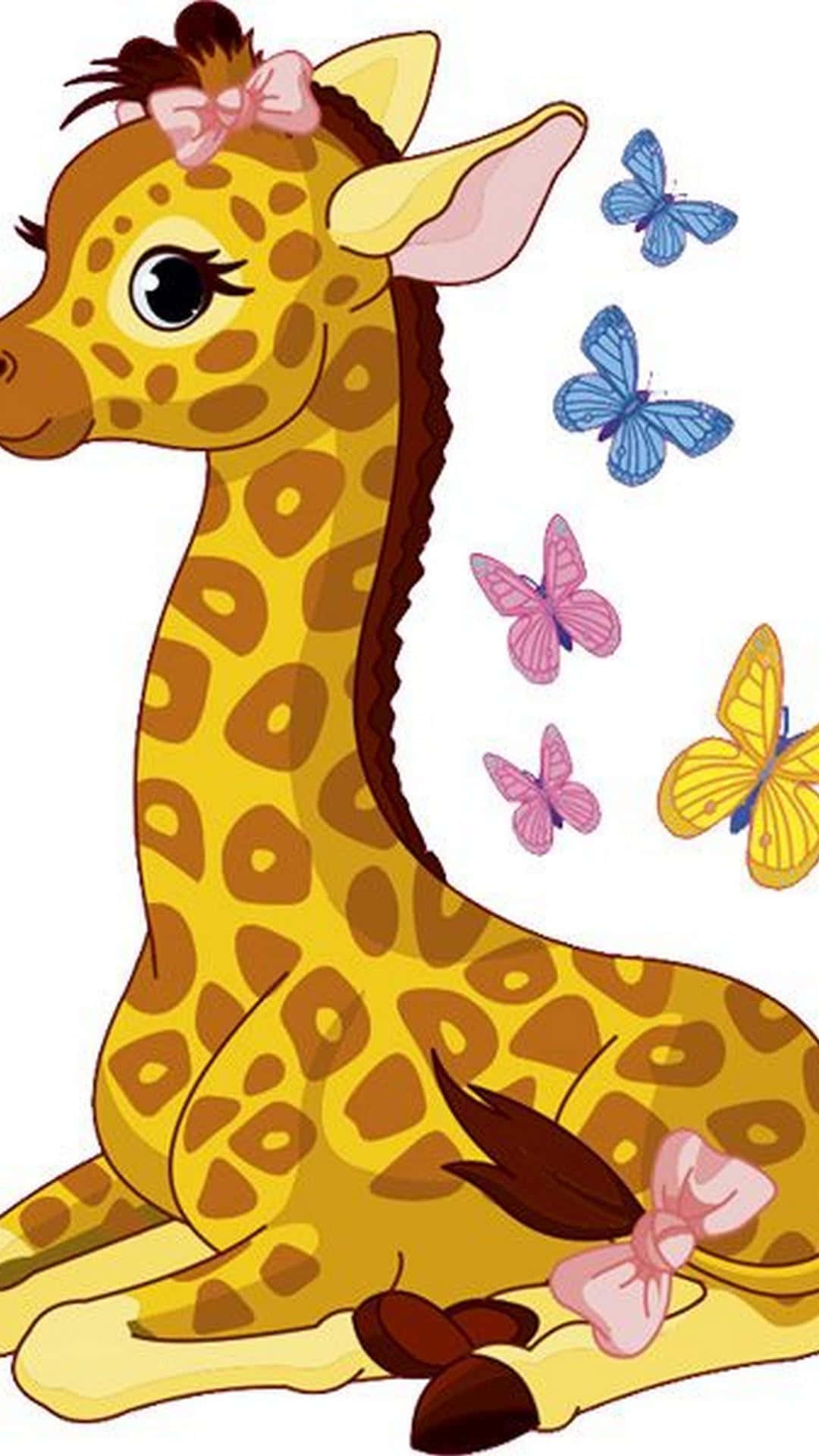Baby Giraffe 桌布 壁紙 — 一隻可愛的卡通長頸鹿，戴著粉紅色蝴蝶結，坐在白色背景前，周圍環繞著色彩繽紛的蝴蝶。