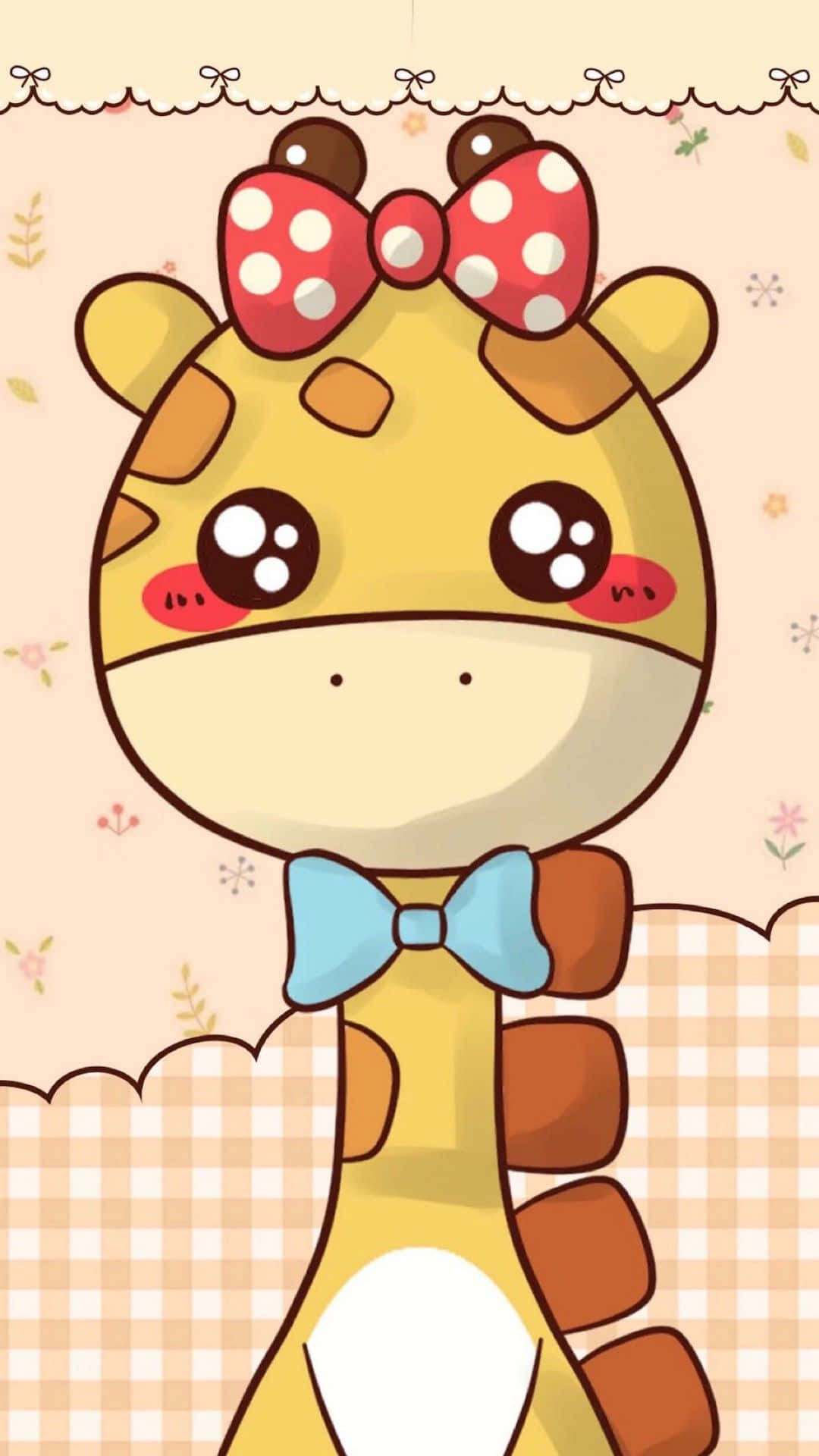 Kawaii Giraffe 桌布 壁紙 — 一隻可愛的卡通長頸鹿，戴著紅色圓點蝴蝶結和藍色領結，站在粉彩花卉格紋背景前。