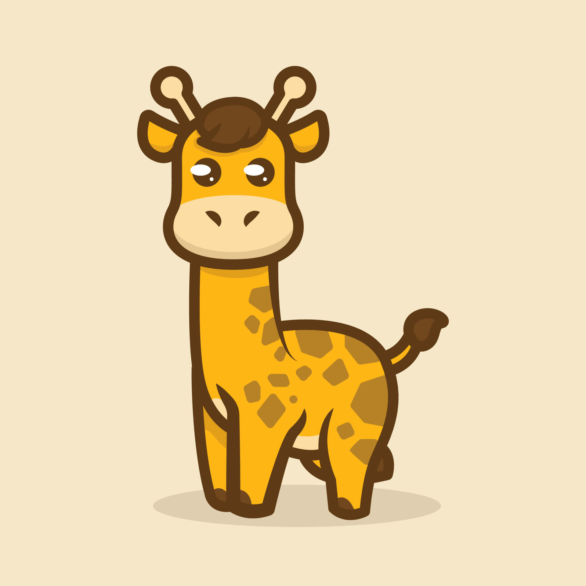 Cute Animals Cartoon 桌布 壁紙 — 一隻可愛的卡通長頸鹿，有大眼睛和棕色斑點，站在米色背景前。