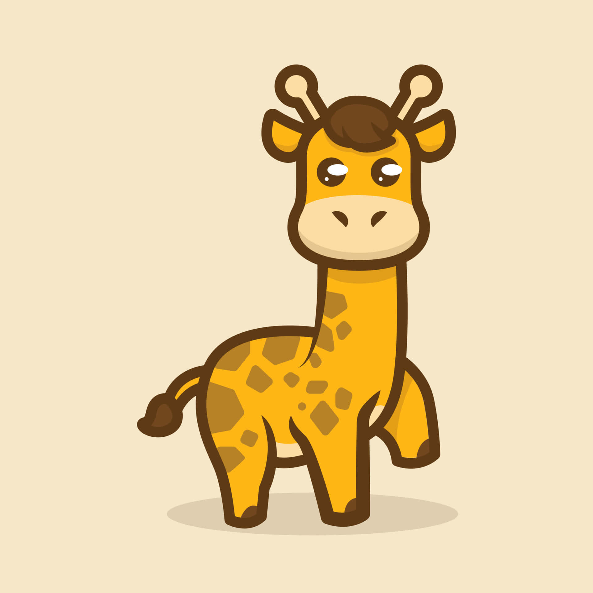Cute Animals Cartoon 桌布 壁紙 — 一隻可愛的卡通長頸鹿，有大眼睛和棕色斑點，站在米色背景前。