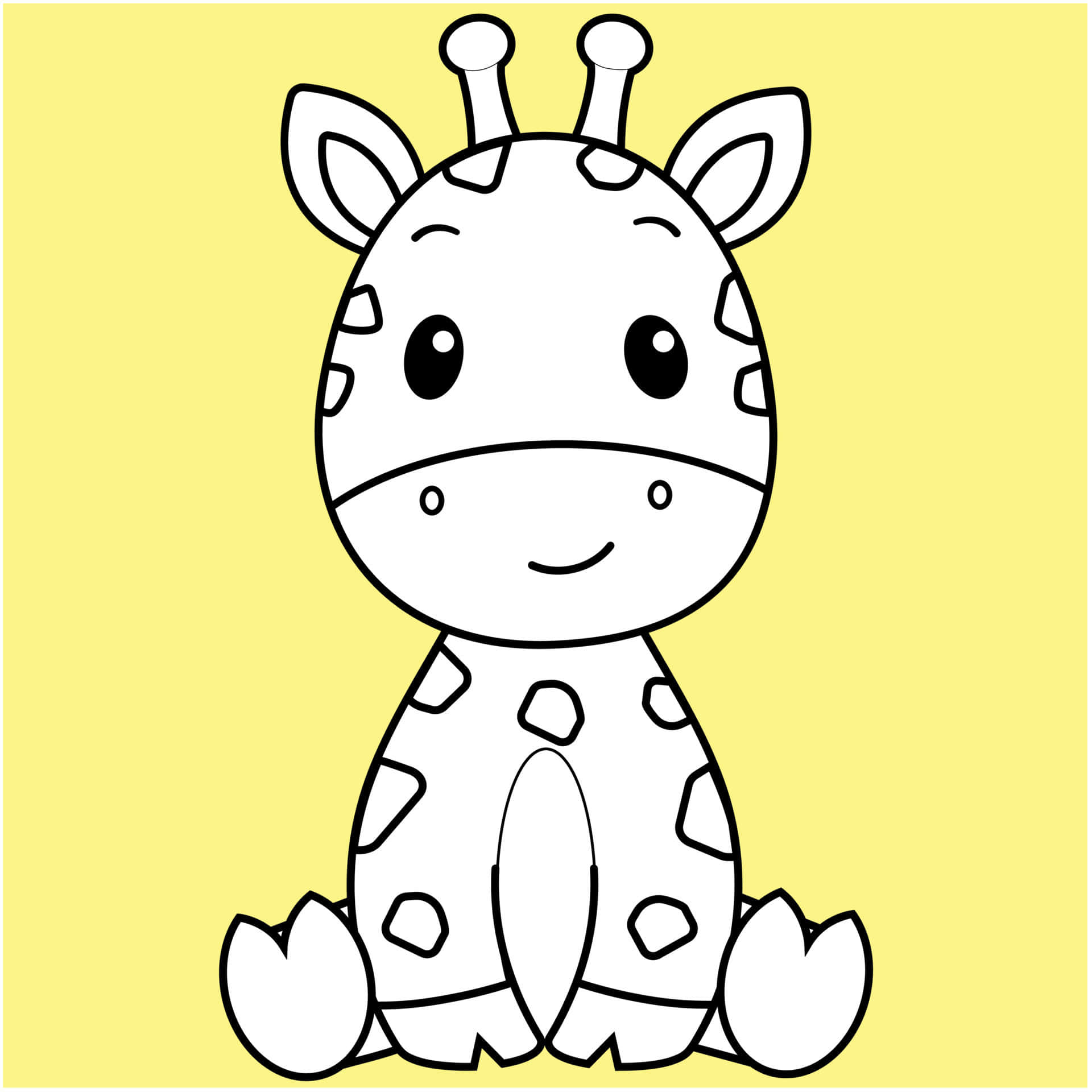 Kawaii Giraffe 桌布 壁紙 — 一隻可愛的卡通長頸鹿，有大眼睛和微笑，坐在純黃色背景上。
