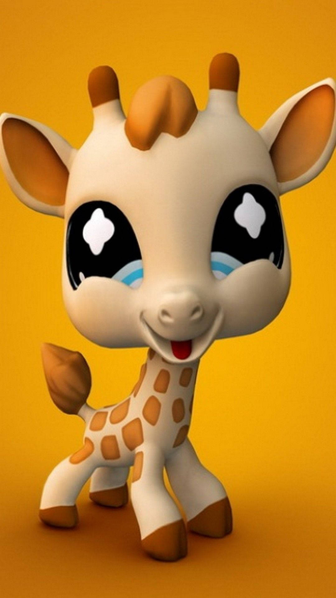 Baby Giraffe 桌布 壁紙 — 一隻可愛的卡通長頸鹿，有大眼睛和微笑，站在溫暖的黃色背景前。