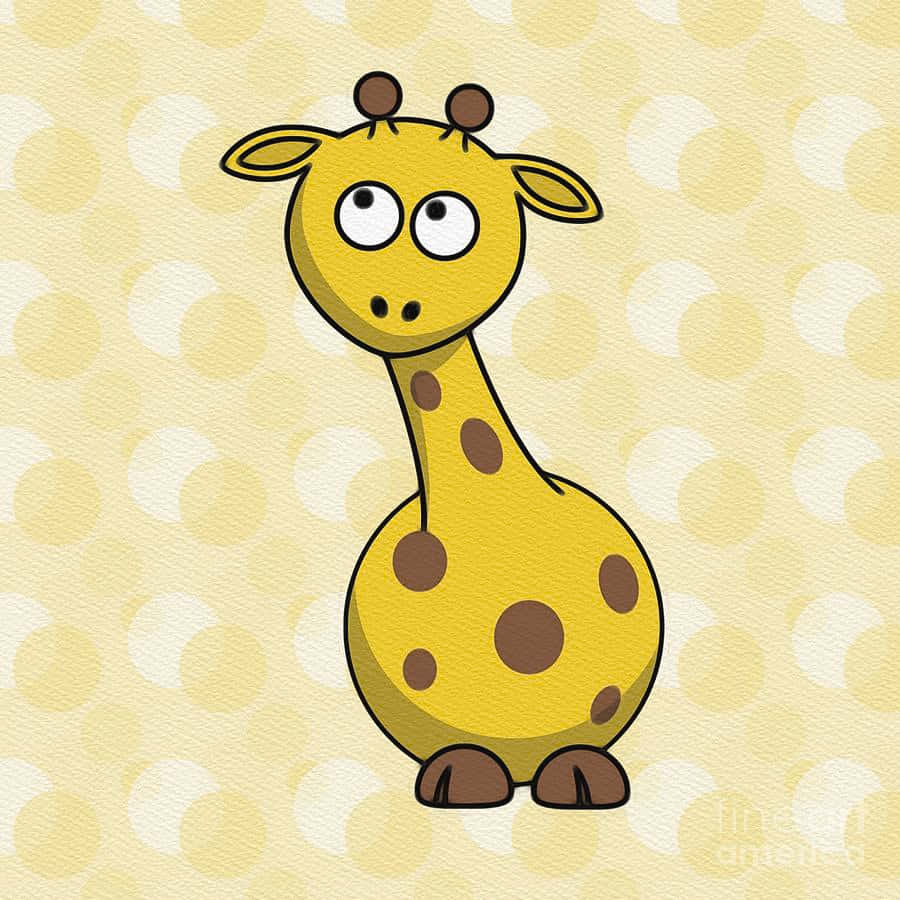 Cartoon Animal 桌布 壁紙 — 一隻可愛的卡通長頸鹿，有大眼睛和棕色斑點，坐在黃色和白色圓點背景上。