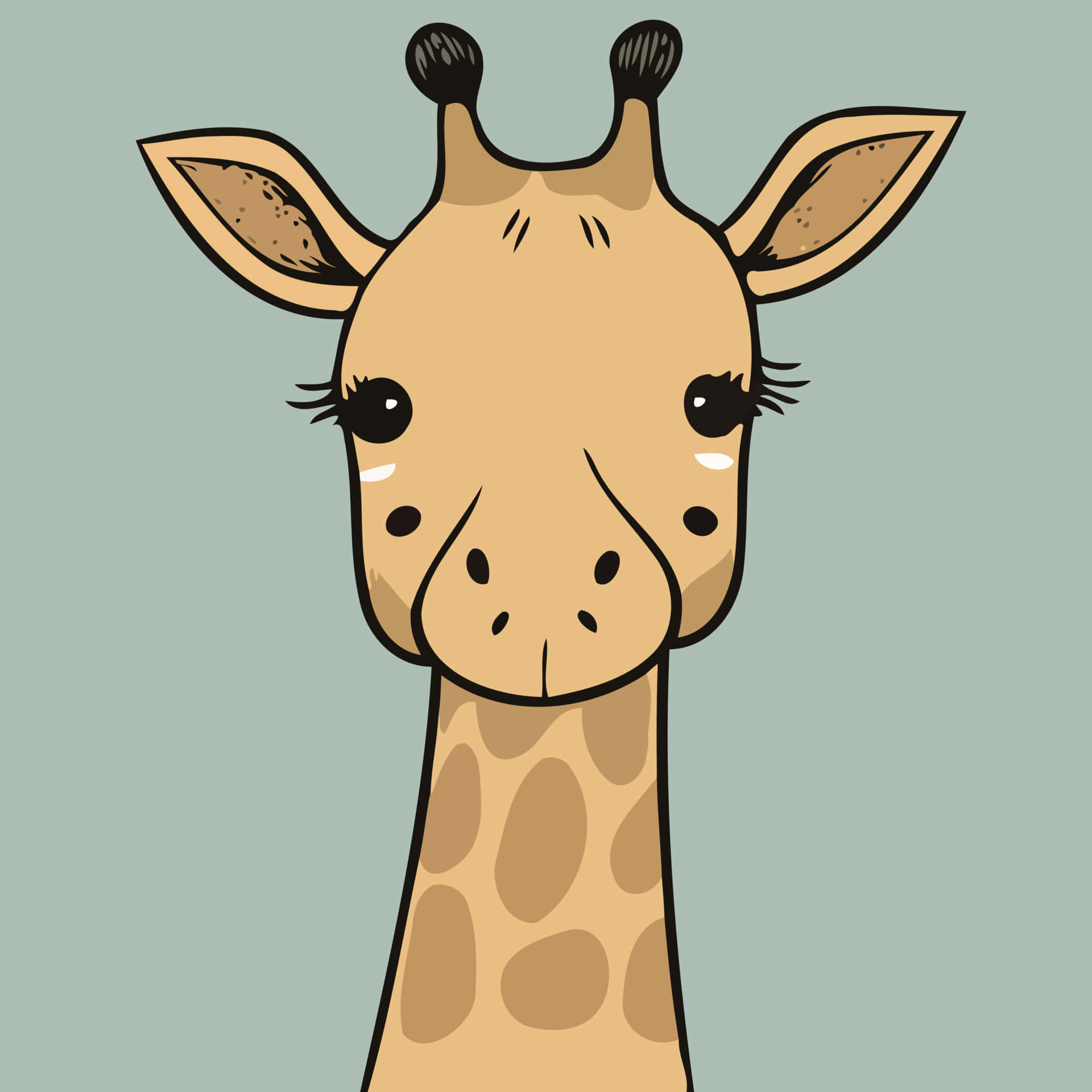 Kawaii Giraffe 桌布 壁紙 — 一隻可愛的卡通長頸鹿，有著大眼睛和長睫毛，在柔和的綠色背景下直視觀眾。