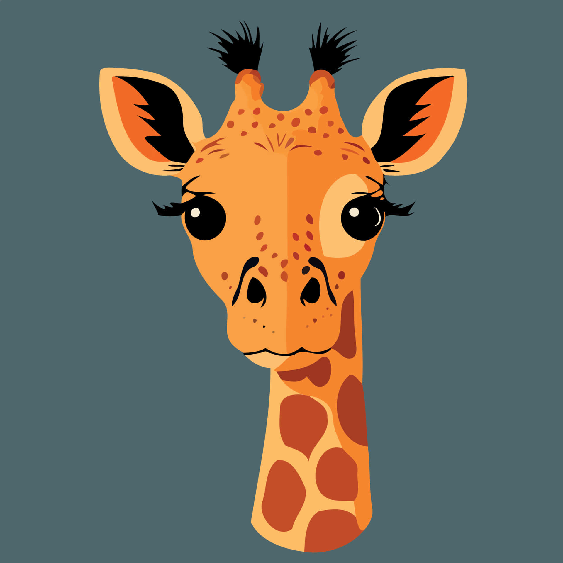 Kawaii Giraffe 桌布 壁紙 — 一隻可愛的卡通長頸鹿，有著大眼睛和睫毛，在柔和的青綠色背景前直視前方。