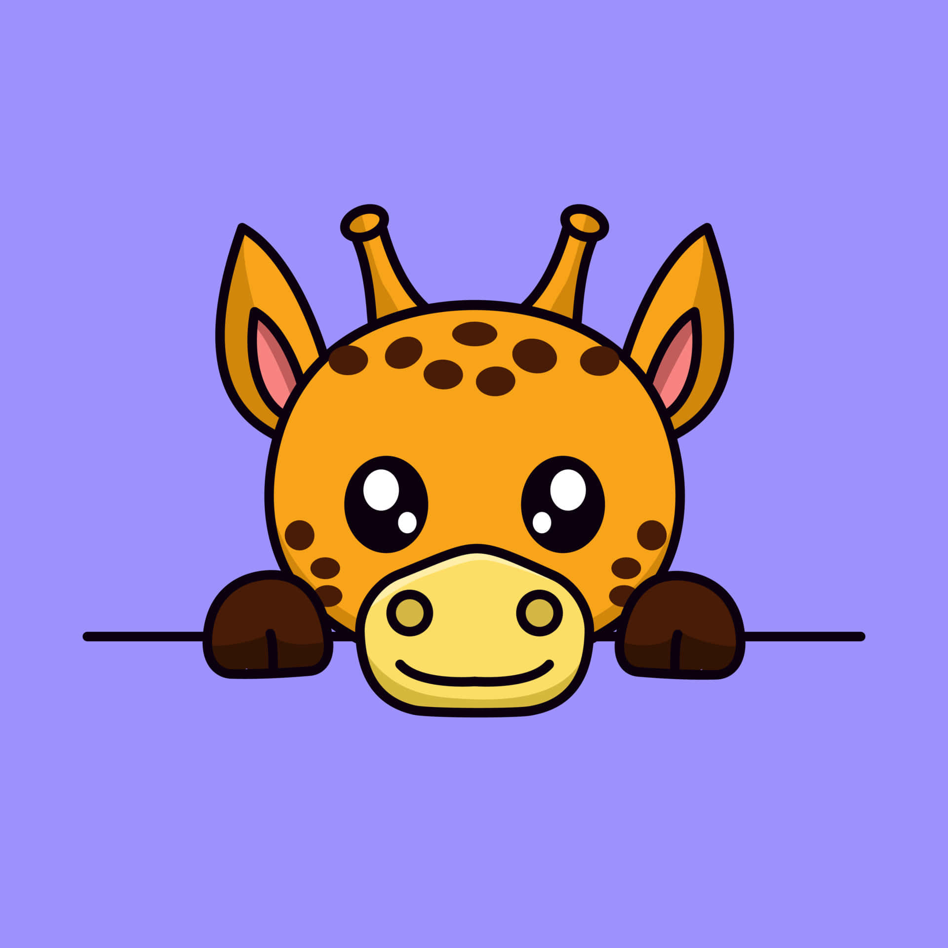 Kawaii Giraffe 桌布 壁紙 — 一隻可愛的卡通長頸鹿，睜著大眼睛、帶著微笑，從一條線上方探出頭來，背景是純紫色。