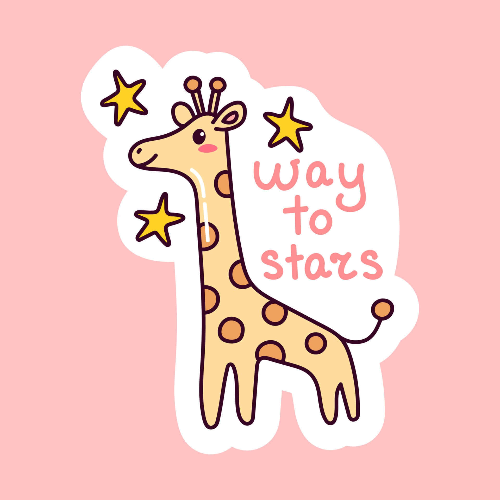 Kawaii Giraffe 桌布 壁紙 — 一隻可愛的卡通長頸鹿，身上有棕色斑點，周圍有星星，在柔和的粉紅色背景上舉著一個寫著「way to stars」的牌子。